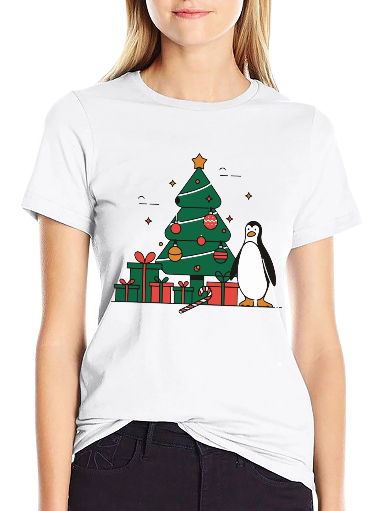 Festive Christmas Tree & Penguin Graphic Tee