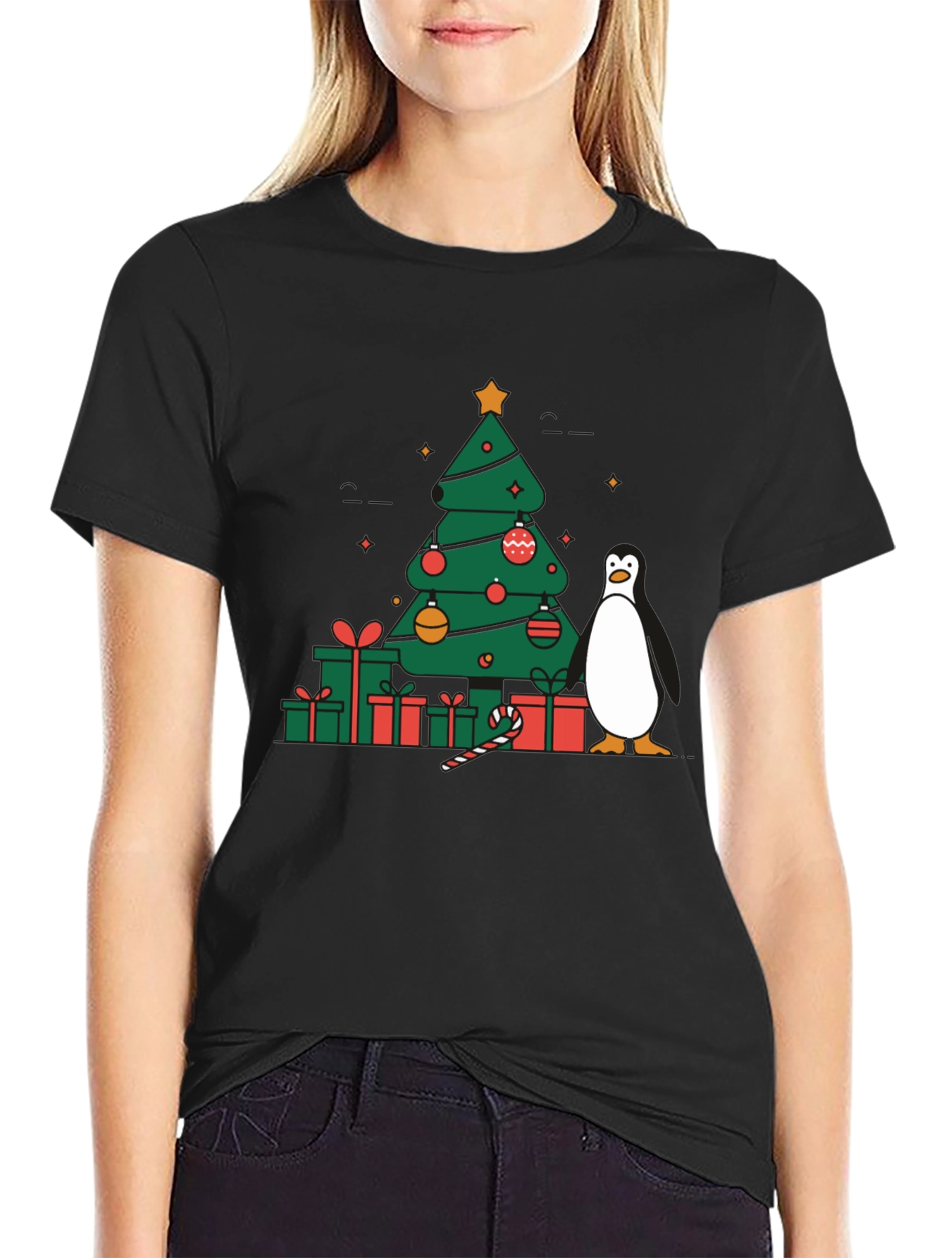Festive Christmas Tree & Penguin Graphic Tee