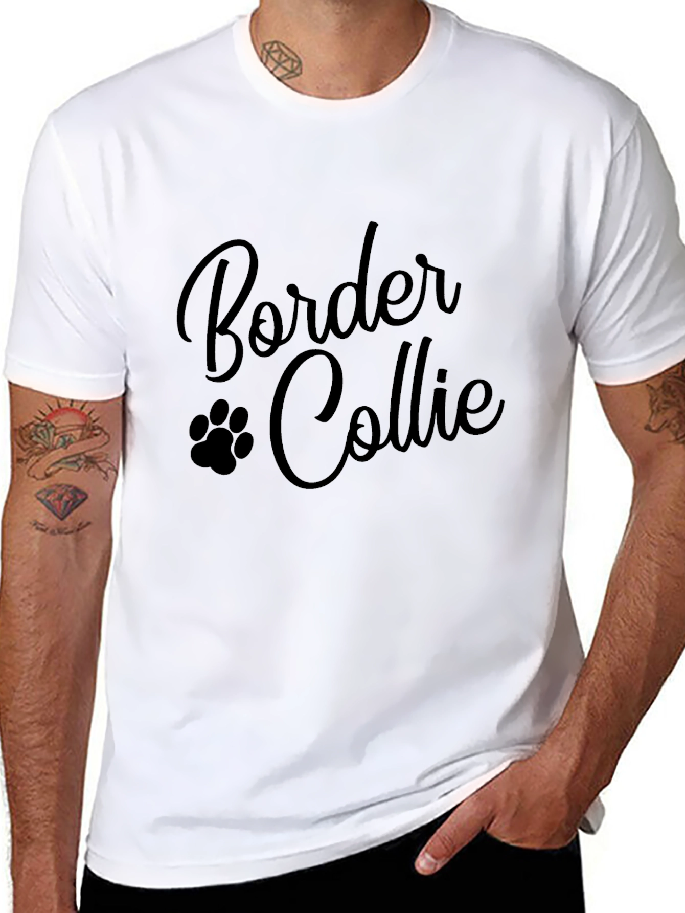Border Collie Paw Print Black T-Shirt