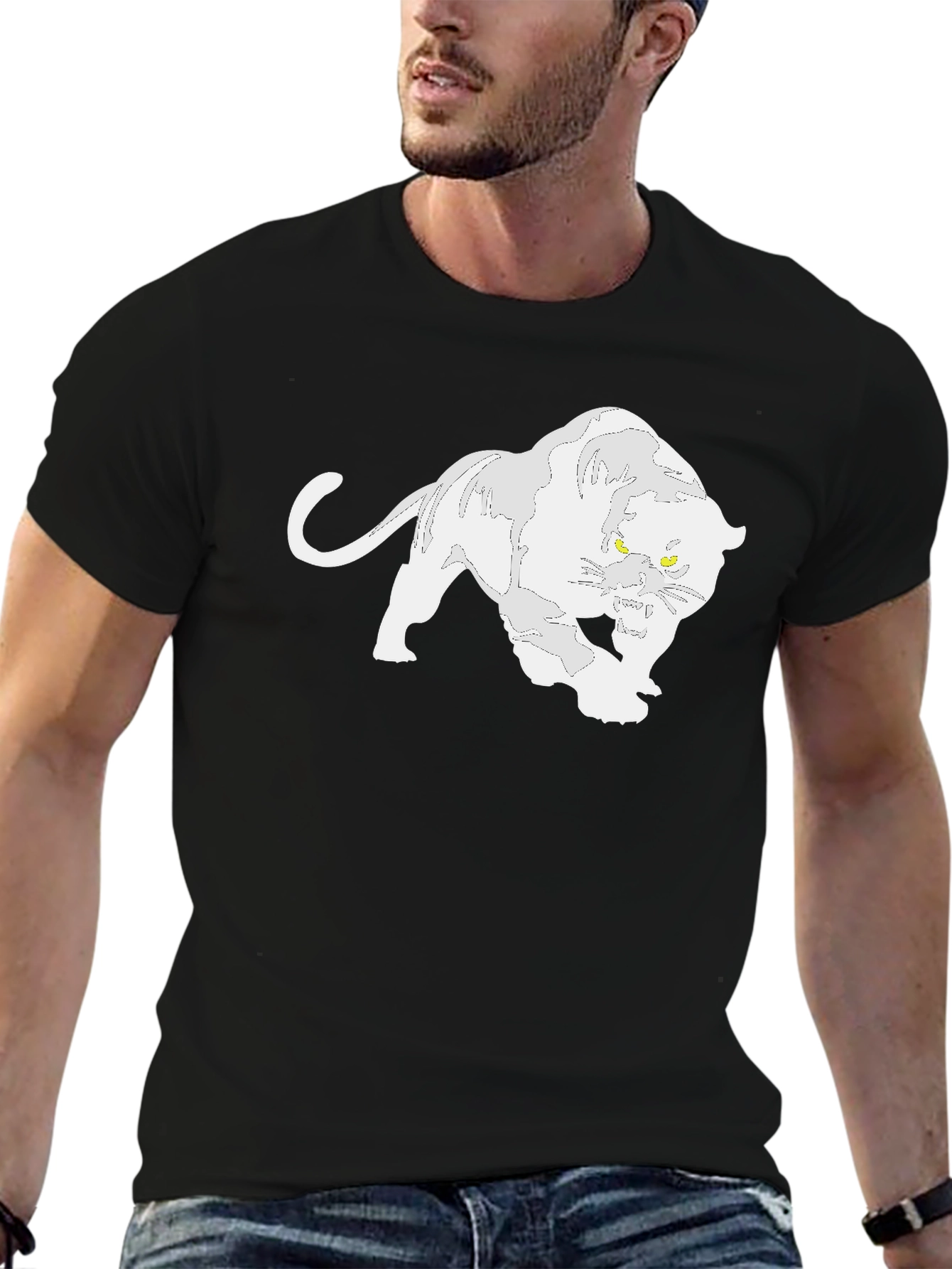 Black T-Shirt with White Panther Graphic