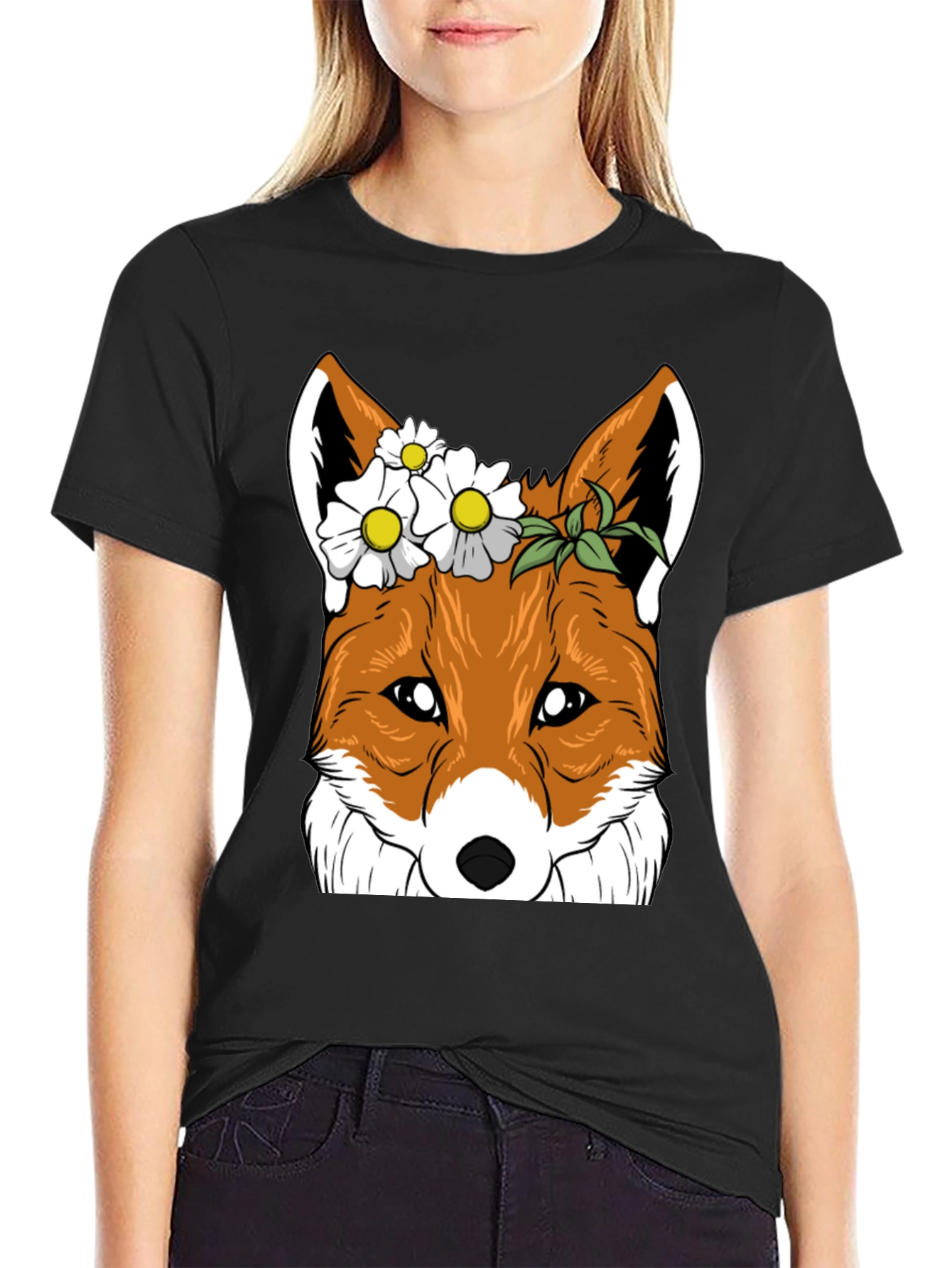 Floral Fox Graphic Tee - Unisex Black T-Shirt