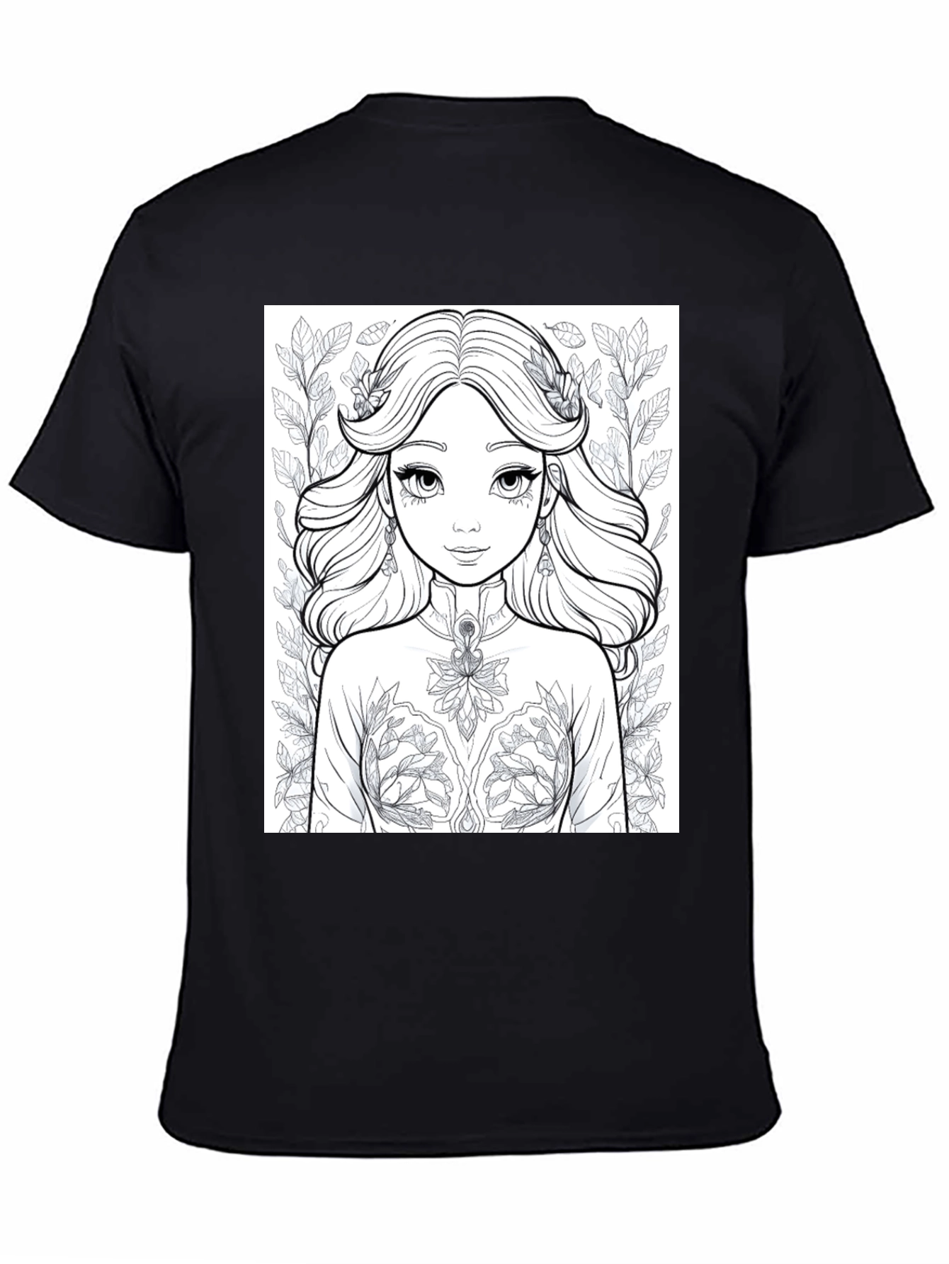 Floral Princess Coloring Page Black T-Shirt
