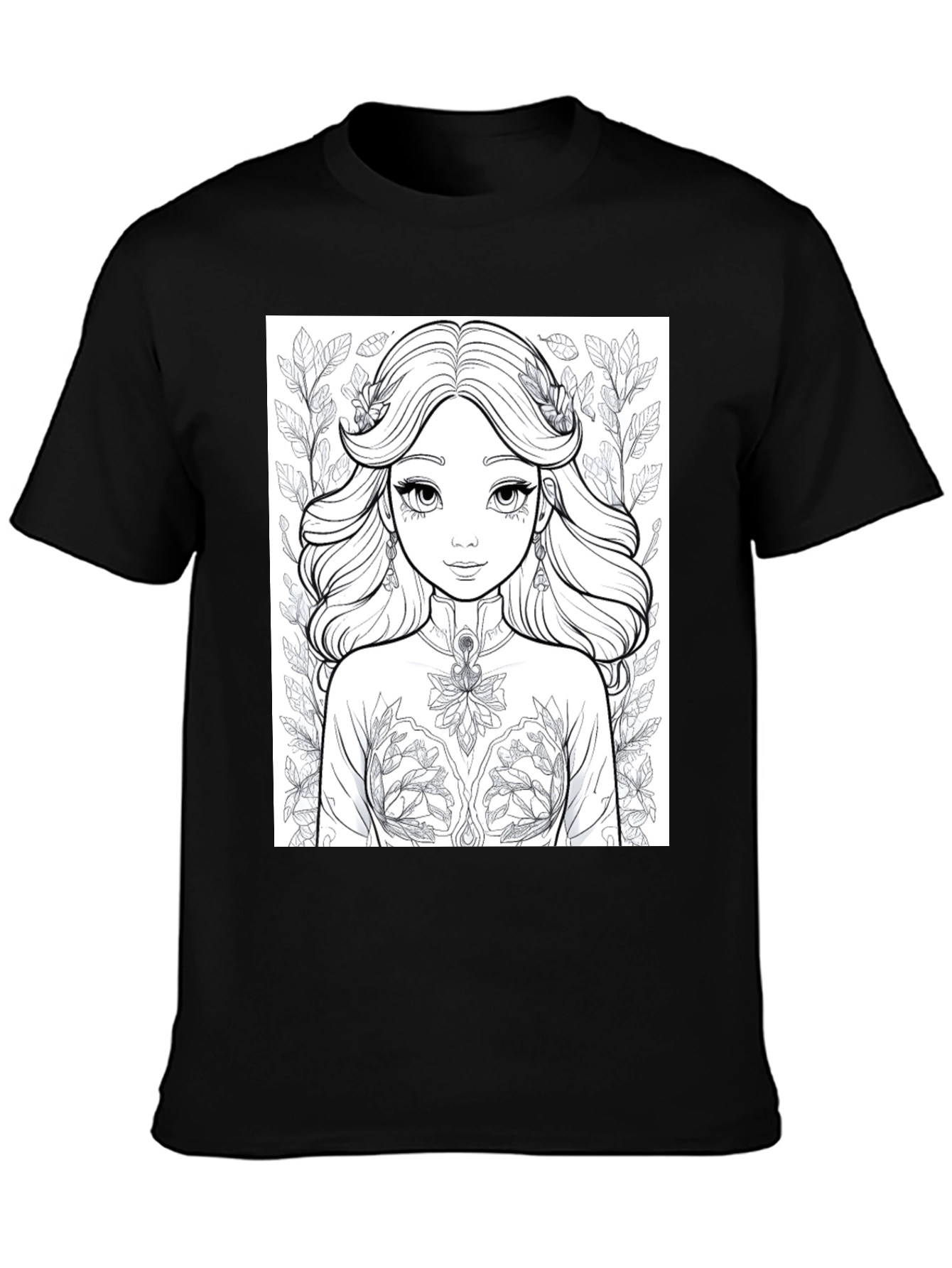 Floral Princess Coloring Page Black T-Shirt