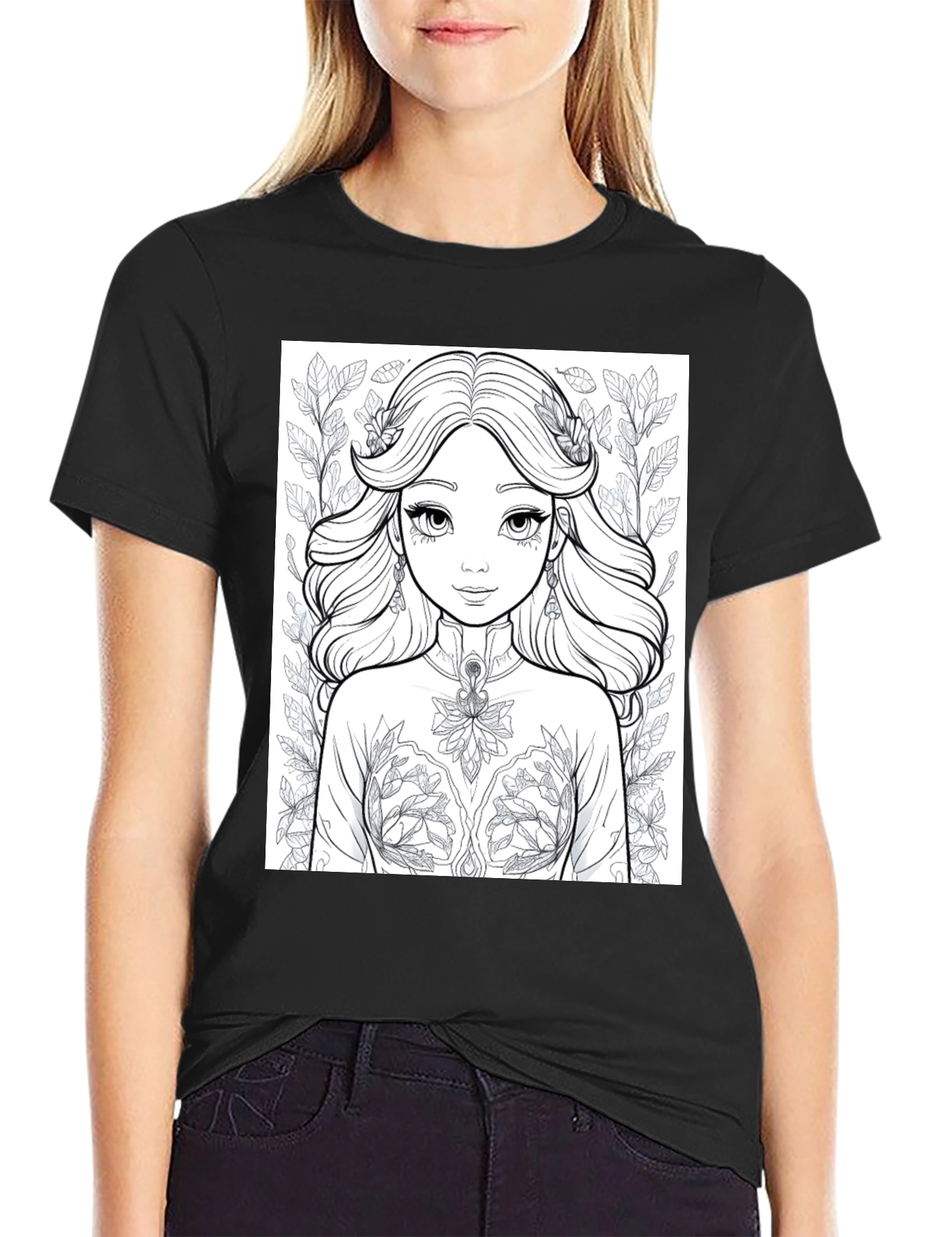 Floral Princess Coloring Page Black T-Shirt