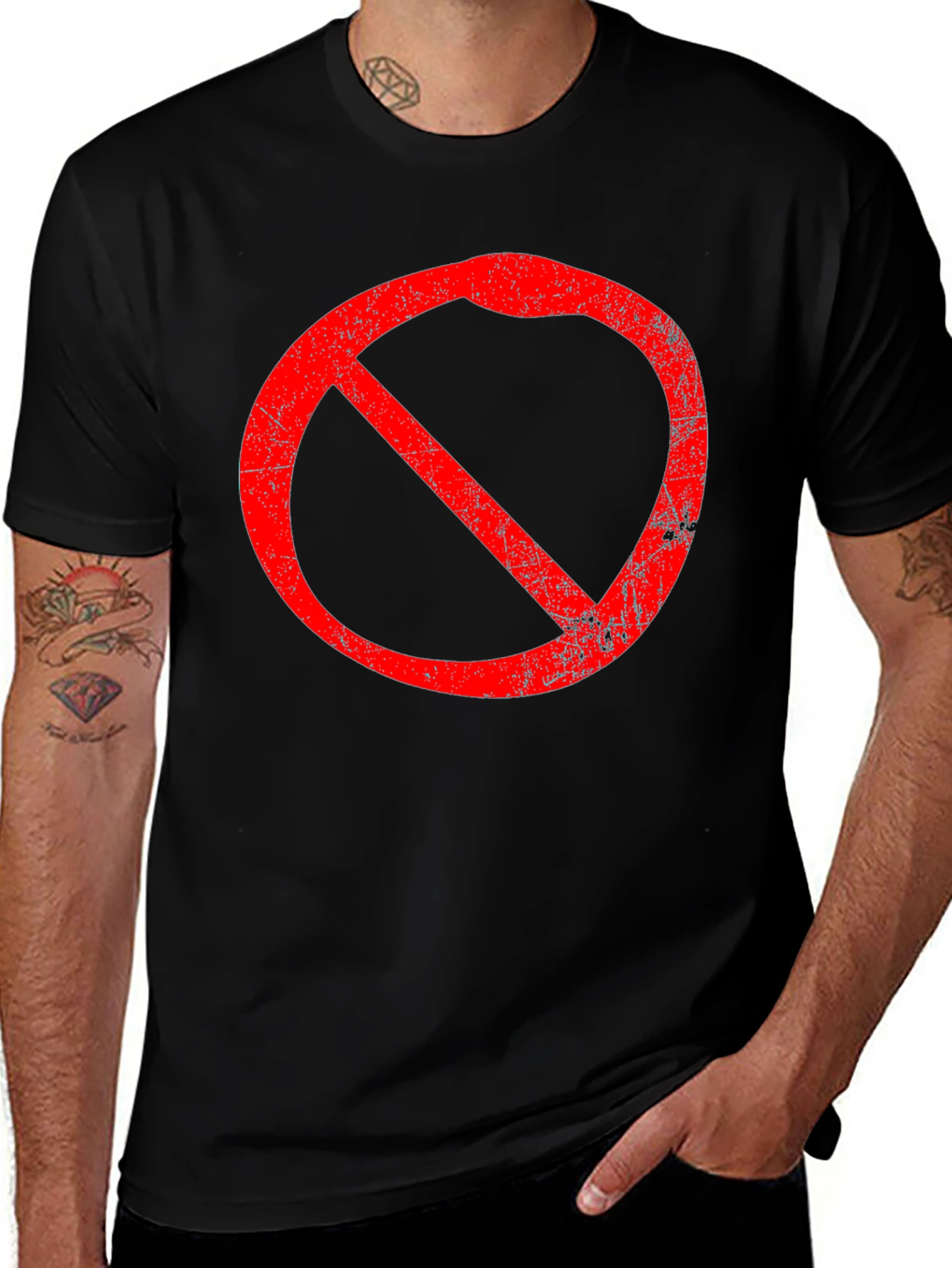 Edgy Black T-Shirt with Distressed Red Circle-Slash Graphic