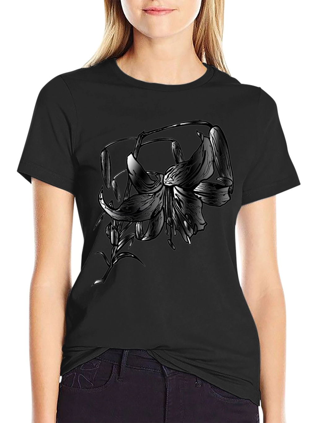 Floral Graphic Print Black T-Shirt
