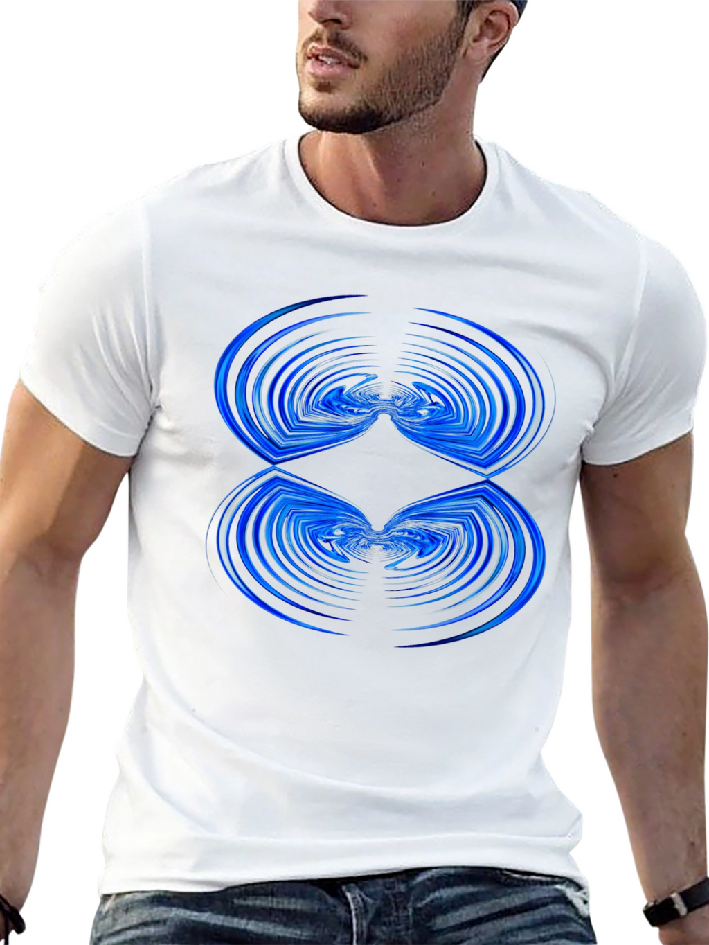 Abstract Blue Wave Pattern Black T-Shirt