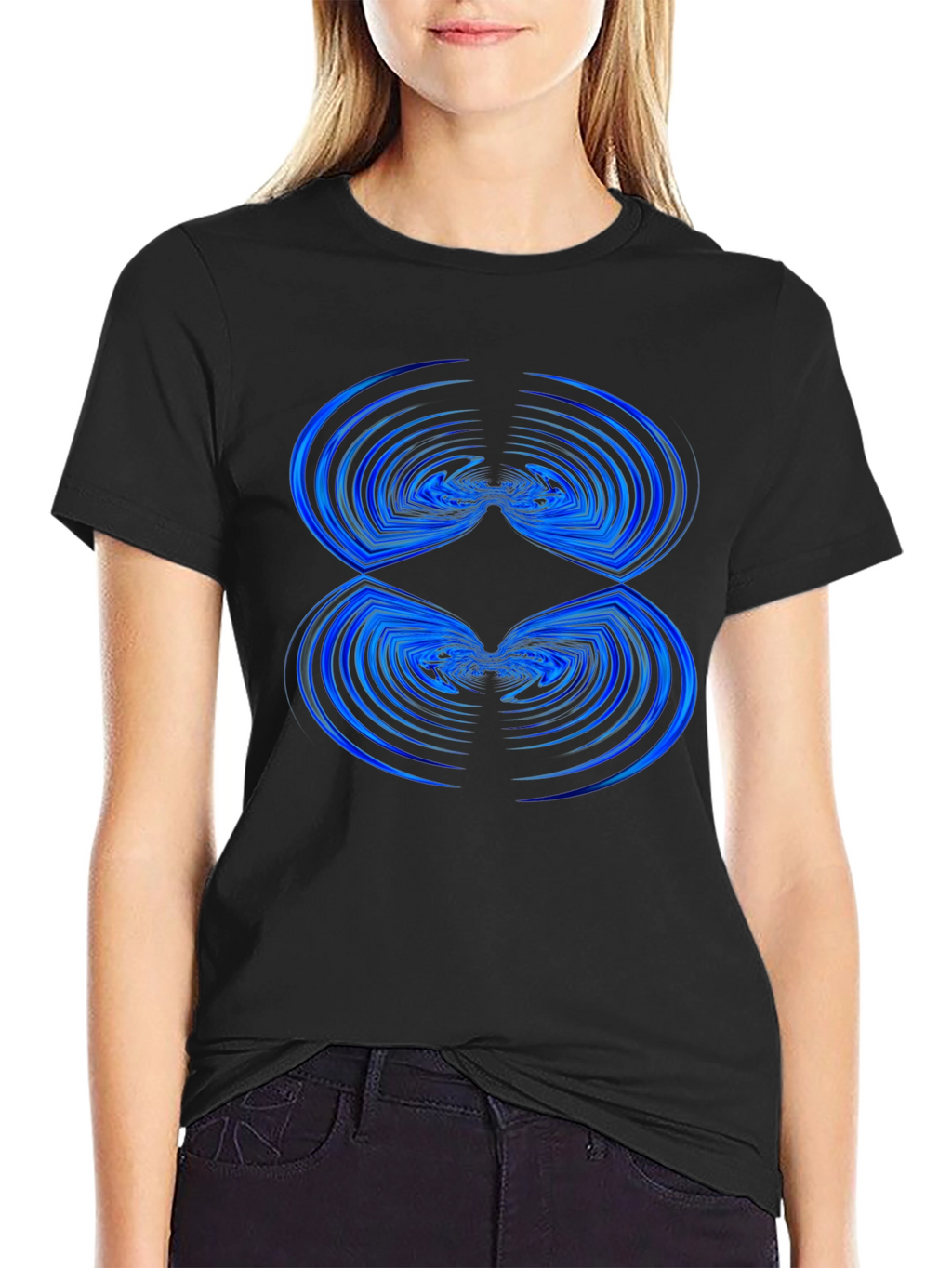 Abstract Blue Wave Pattern Black T-Shirt