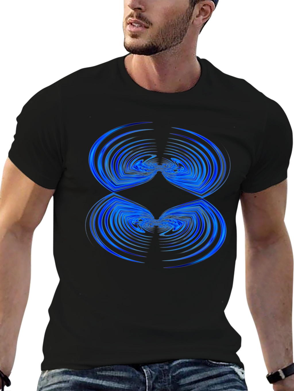 Abstract Blue Wave Pattern Black T-Shirt