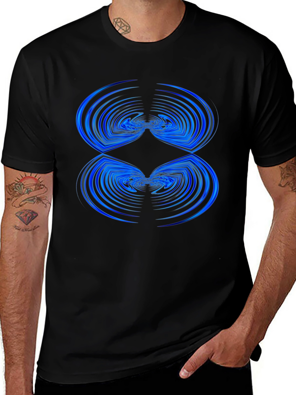 Abstract Blue Wave Pattern Black T-Shirt