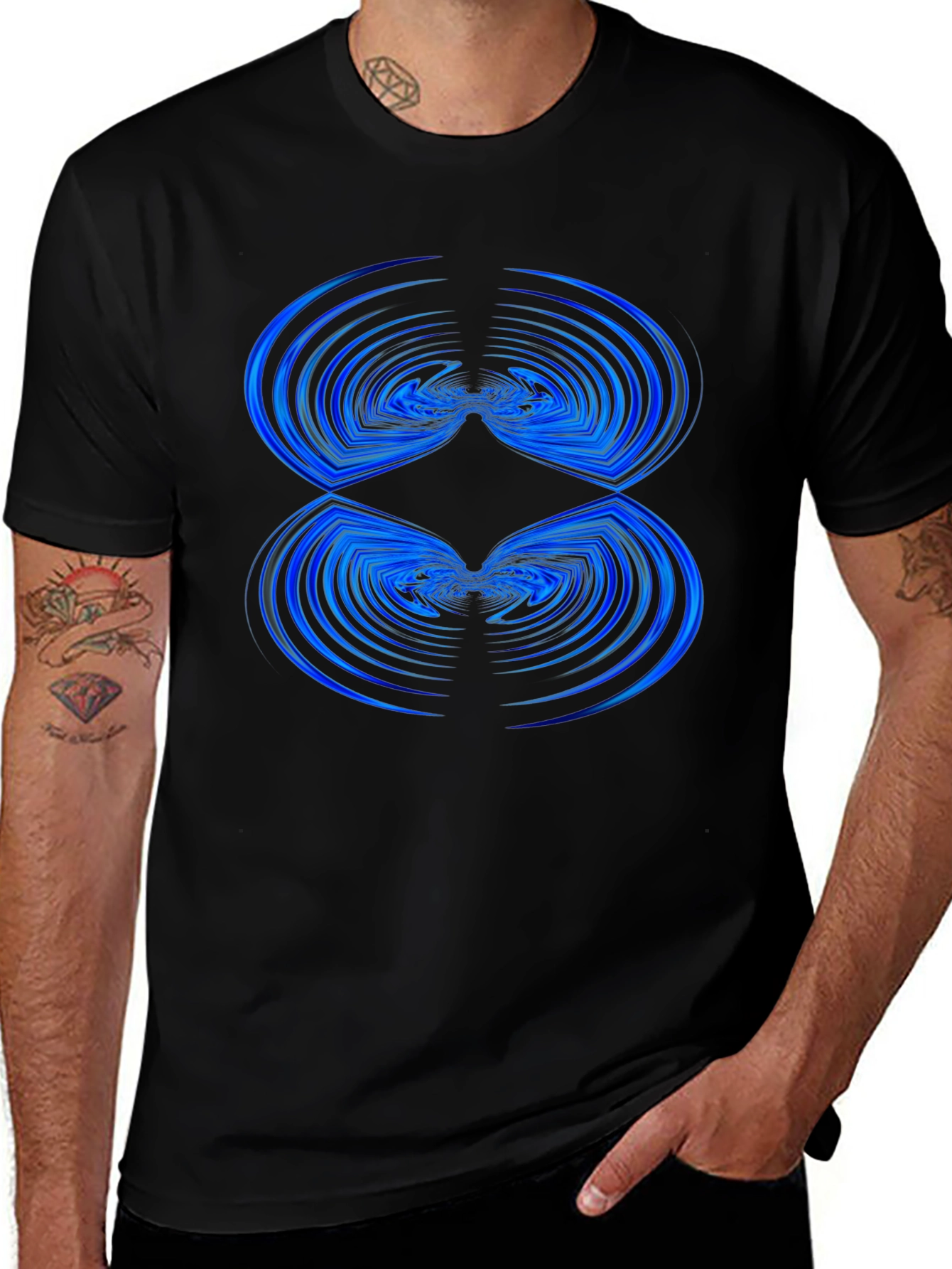 Abstract Blue Wave Pattern Black T-Shirt