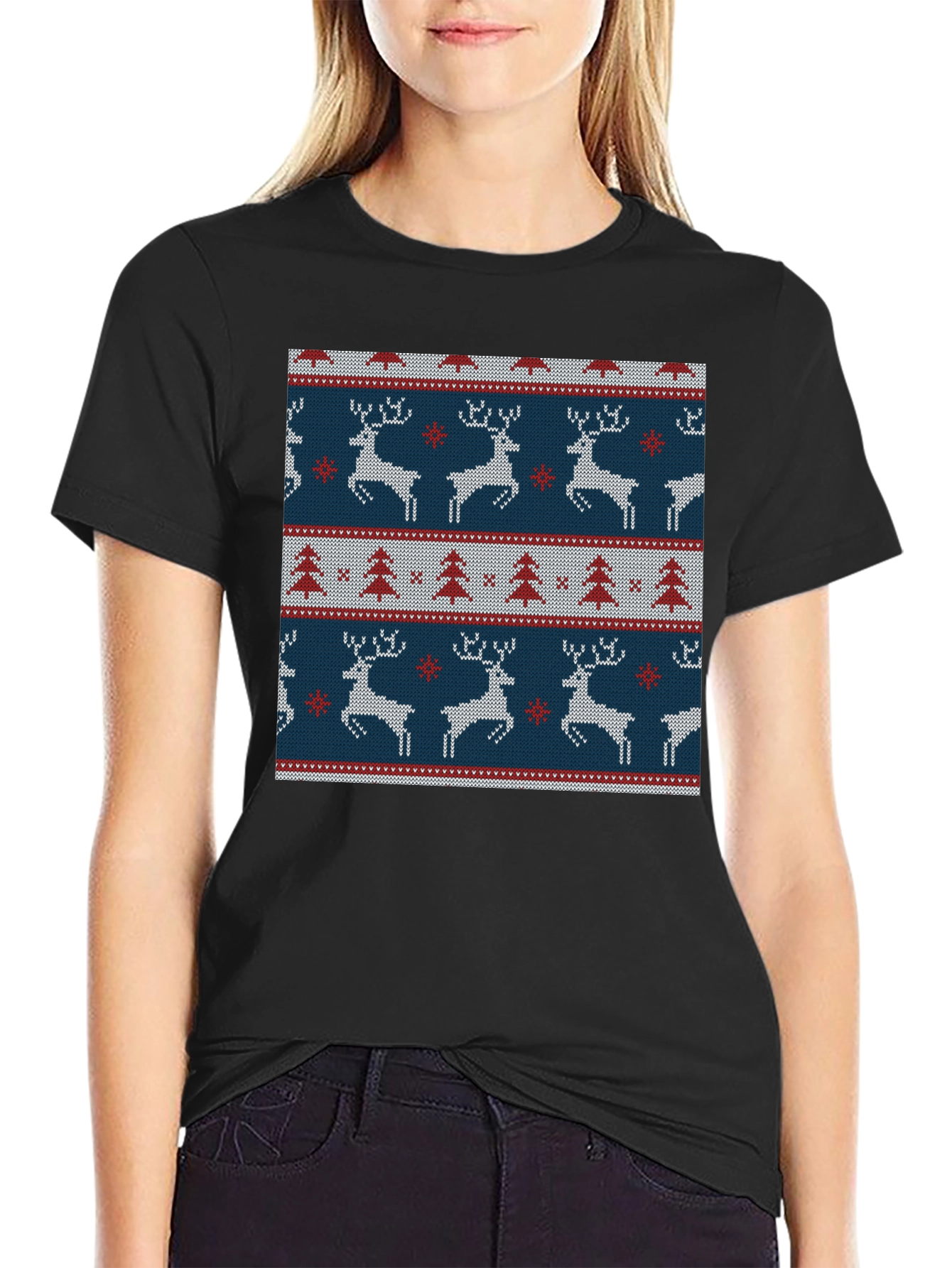 Holiday Deer & Tree Pattern Knit T-Shirt