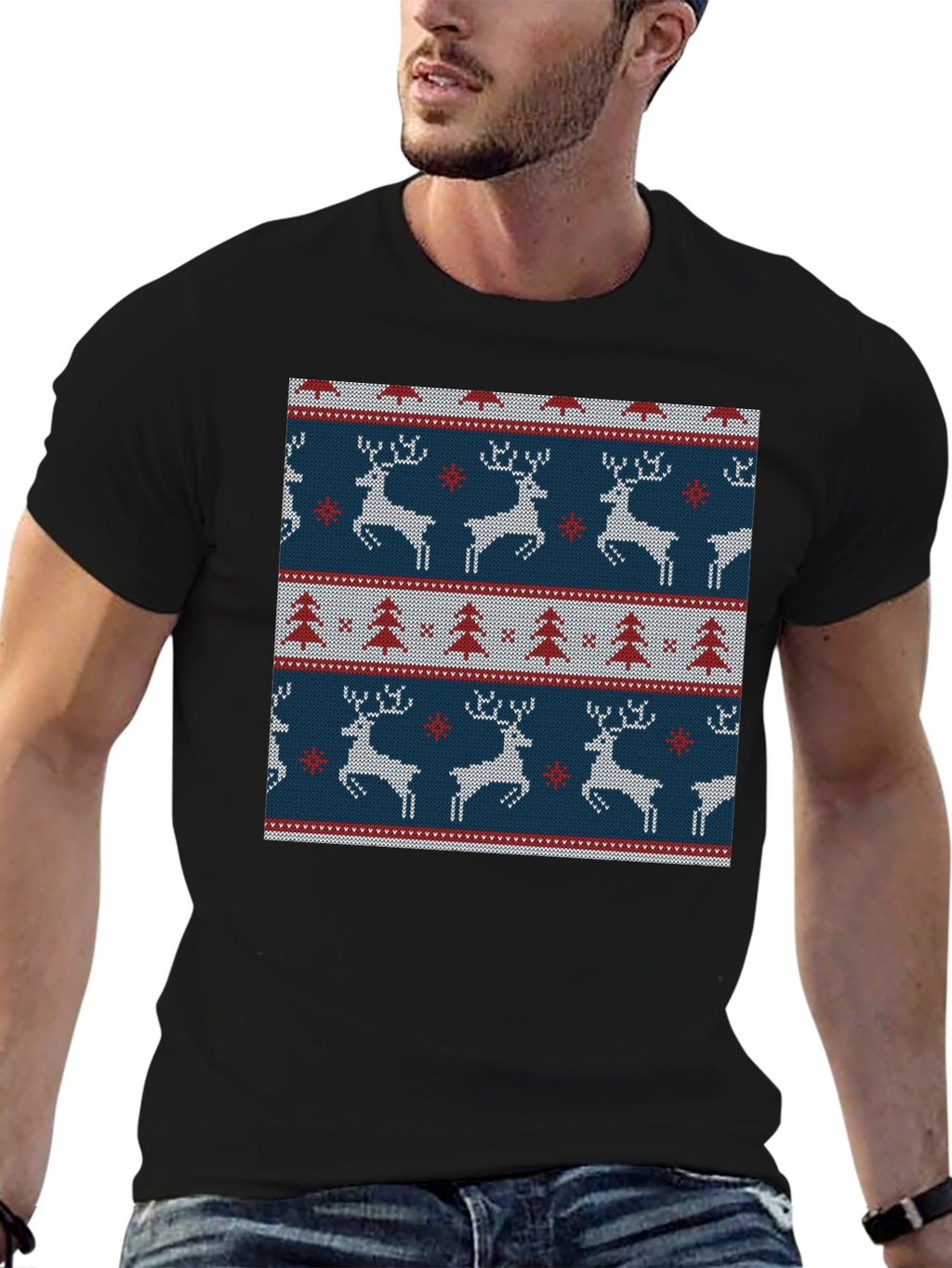 Holiday Deer & Tree Pattern Knit T-Shirt