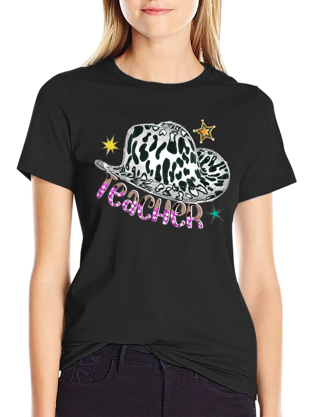 Cow Print Teacher Hat Graphic Tee