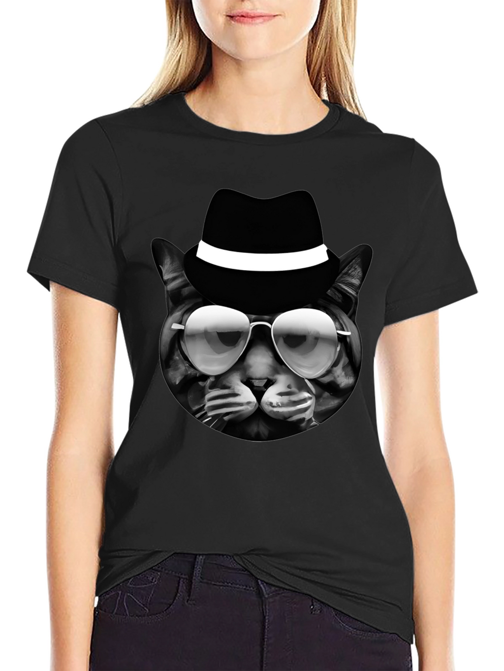 Cool Cat in Hat Graphic T-Shirt