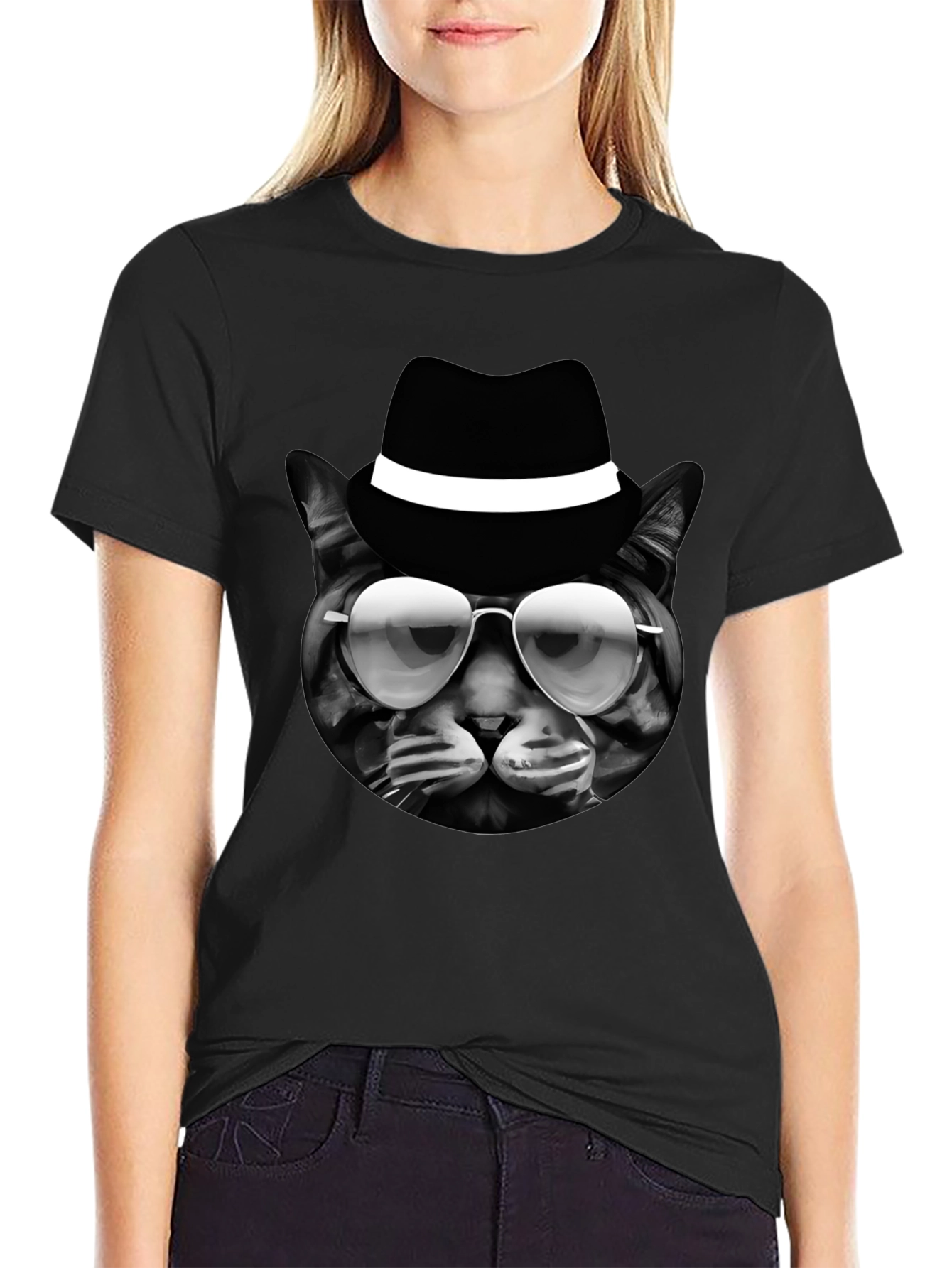 Cool Cat in Hat Graphic T-Shirt