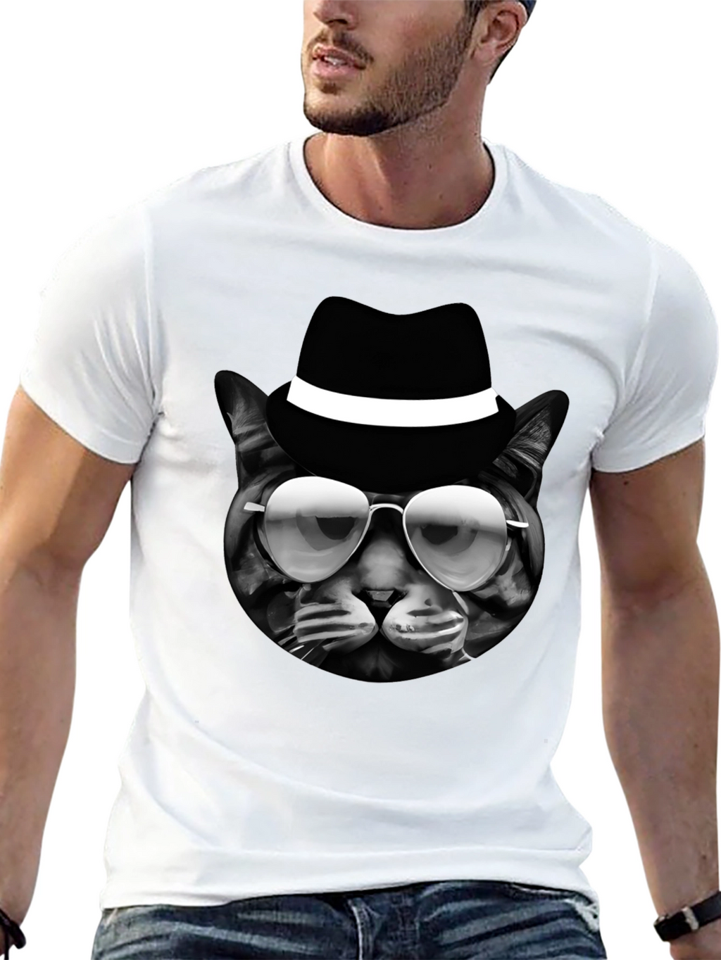 Cool Cat in Hat Graphic T-Shirt