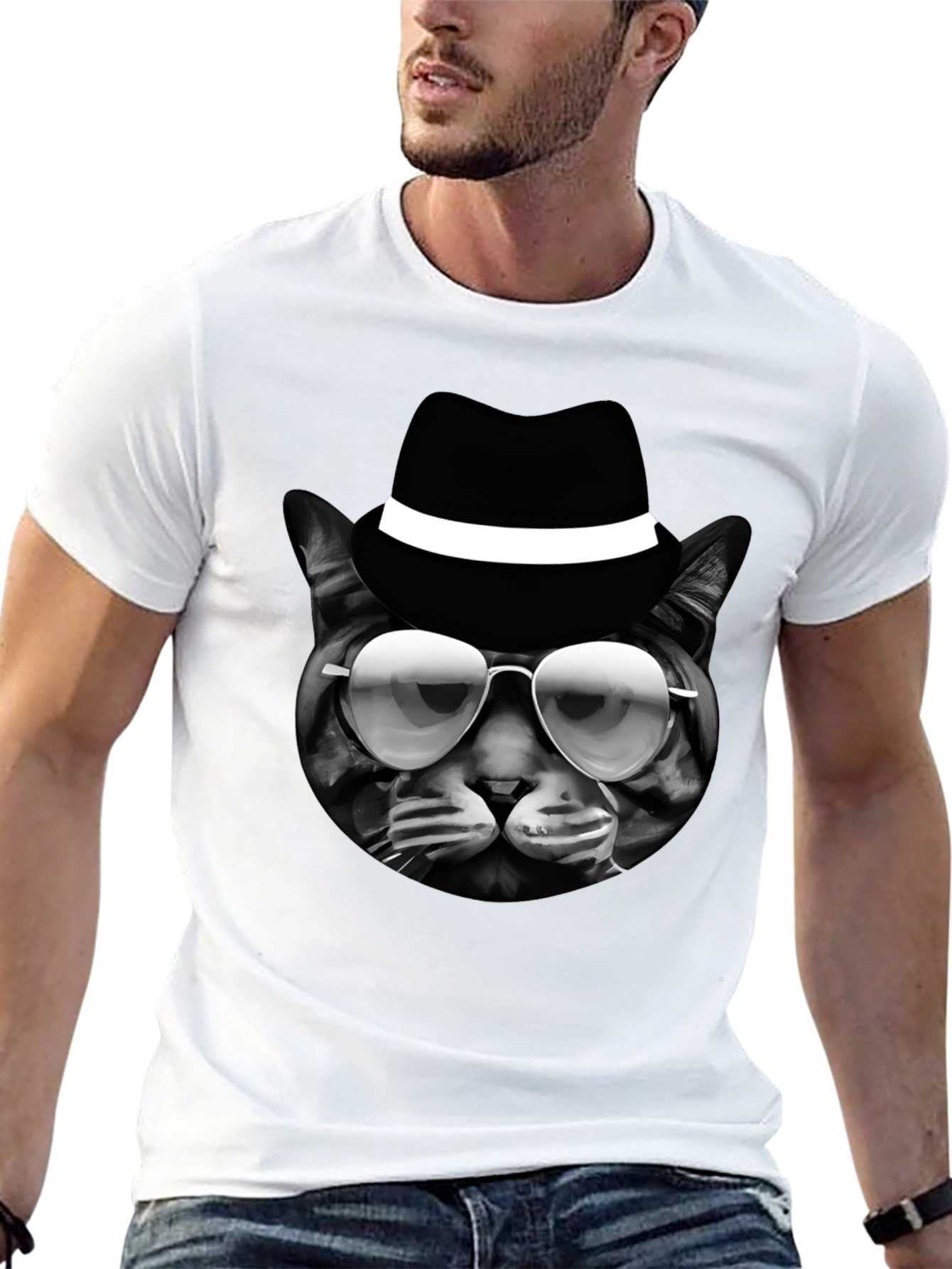 Cool Cat in Hat Graphic T-Shirt