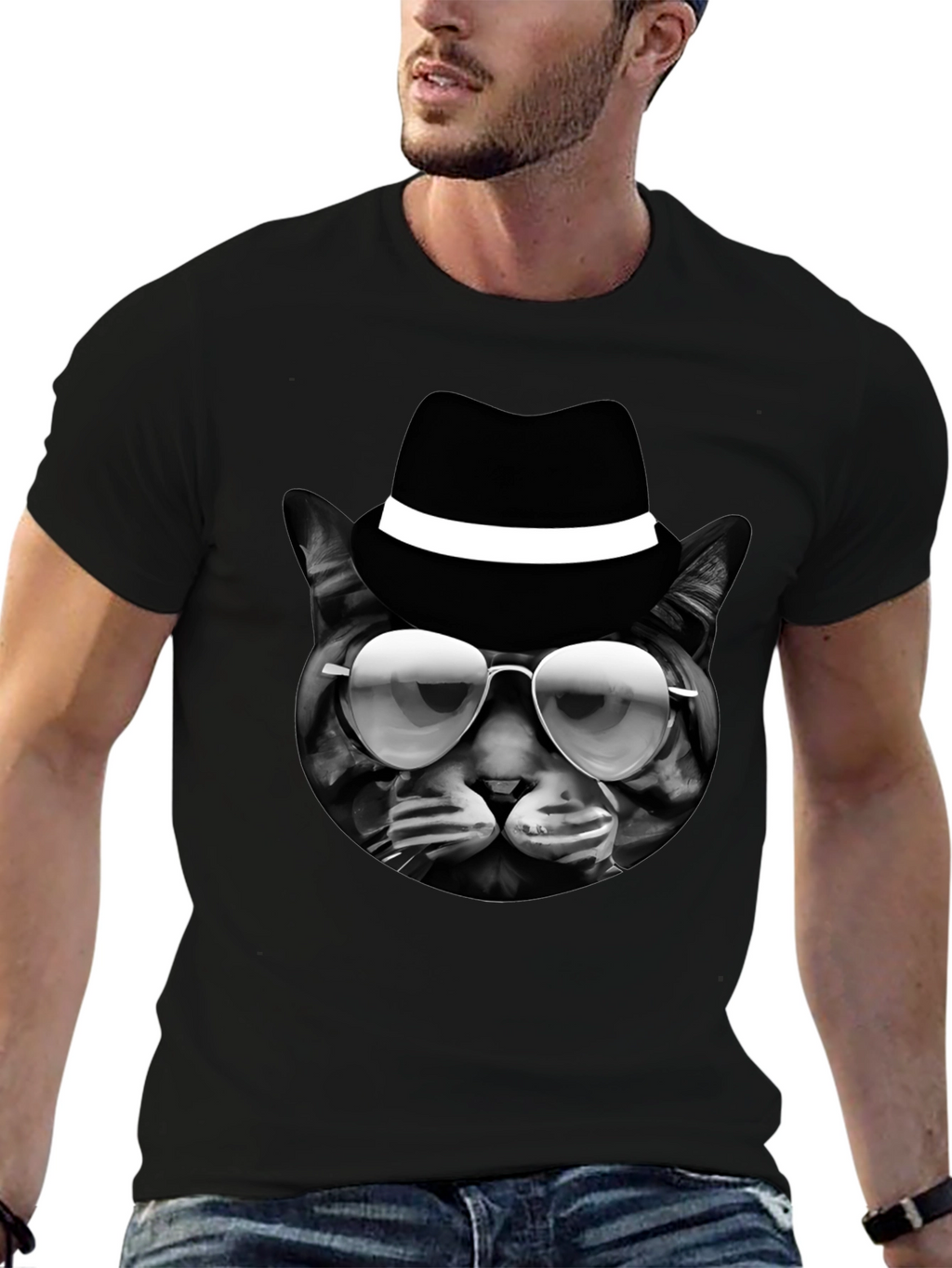 Cool Cat in Hat Graphic T-Shirt