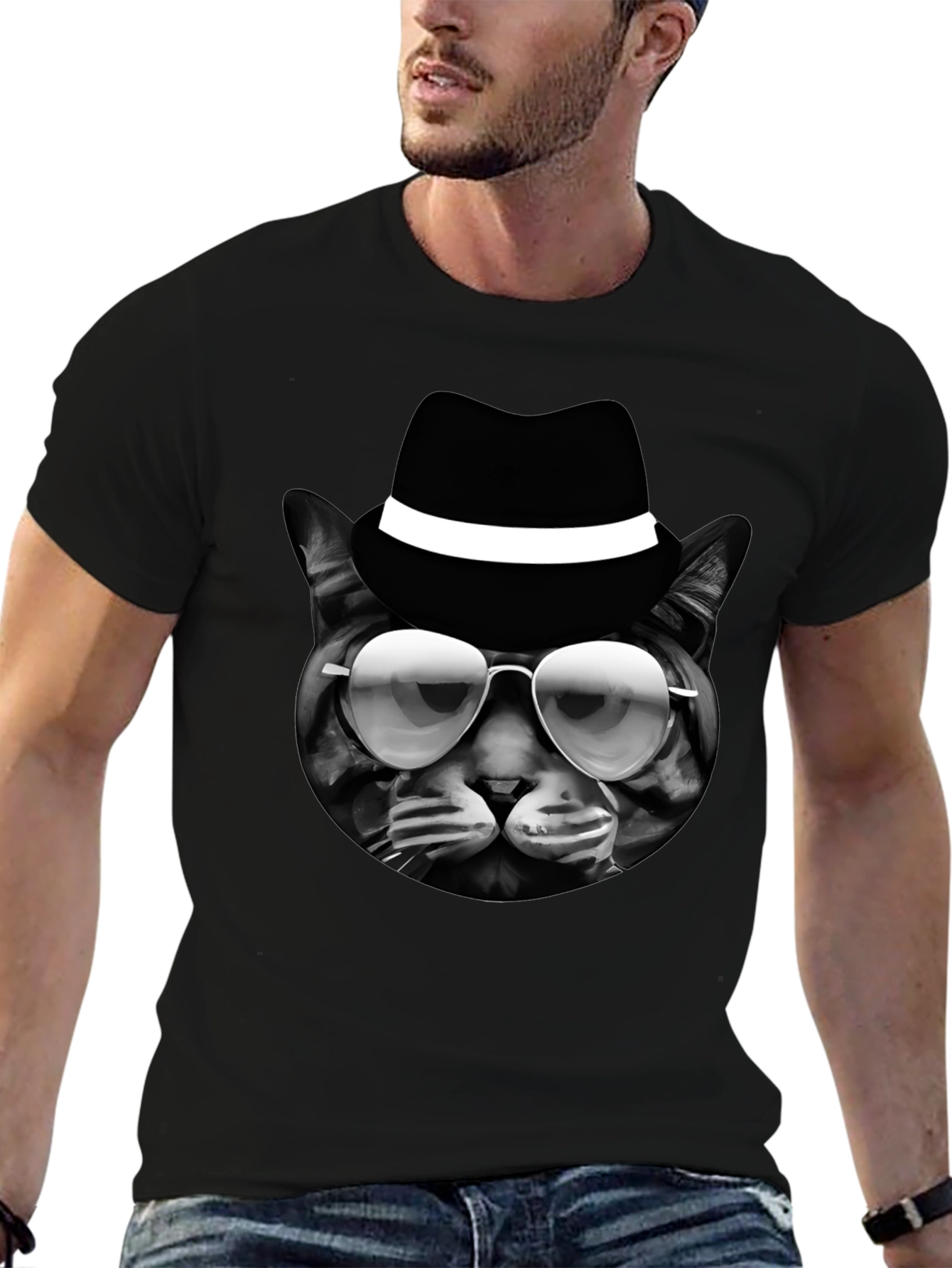 Cool Cat in Hat Graphic T-Shirt