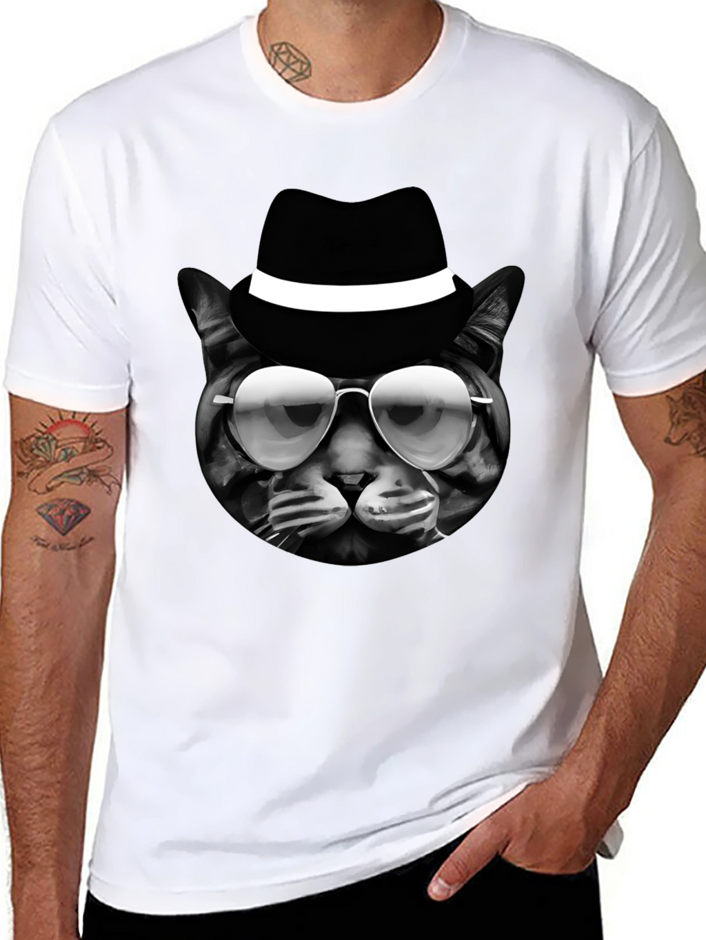 Cool Cat in Hat Graphic T-Shirt