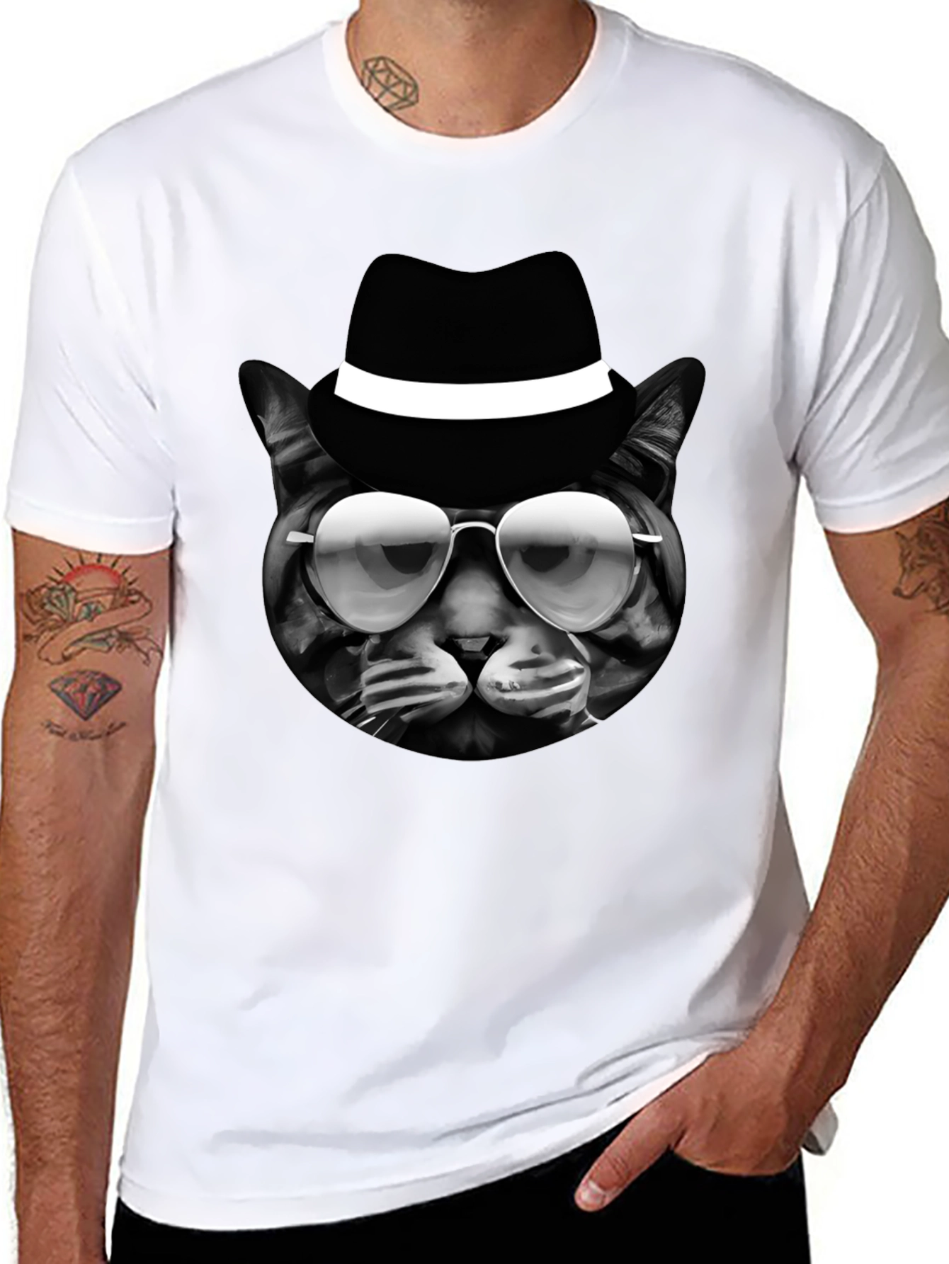 Cool Cat in Hat Graphic T-Shirt