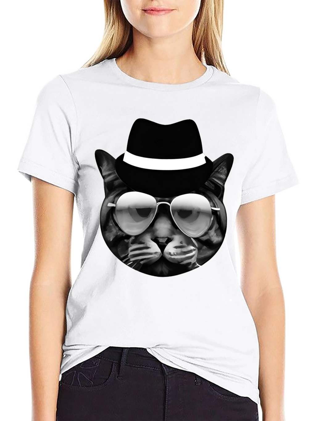 Cool Cat in Hat Graphic T-Shirt