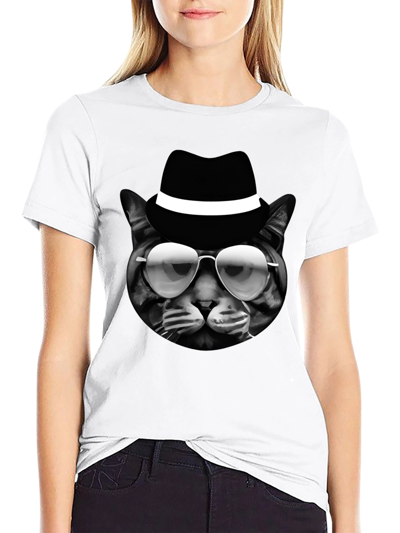 Cool Cat in Hat Graphic T-Shirt