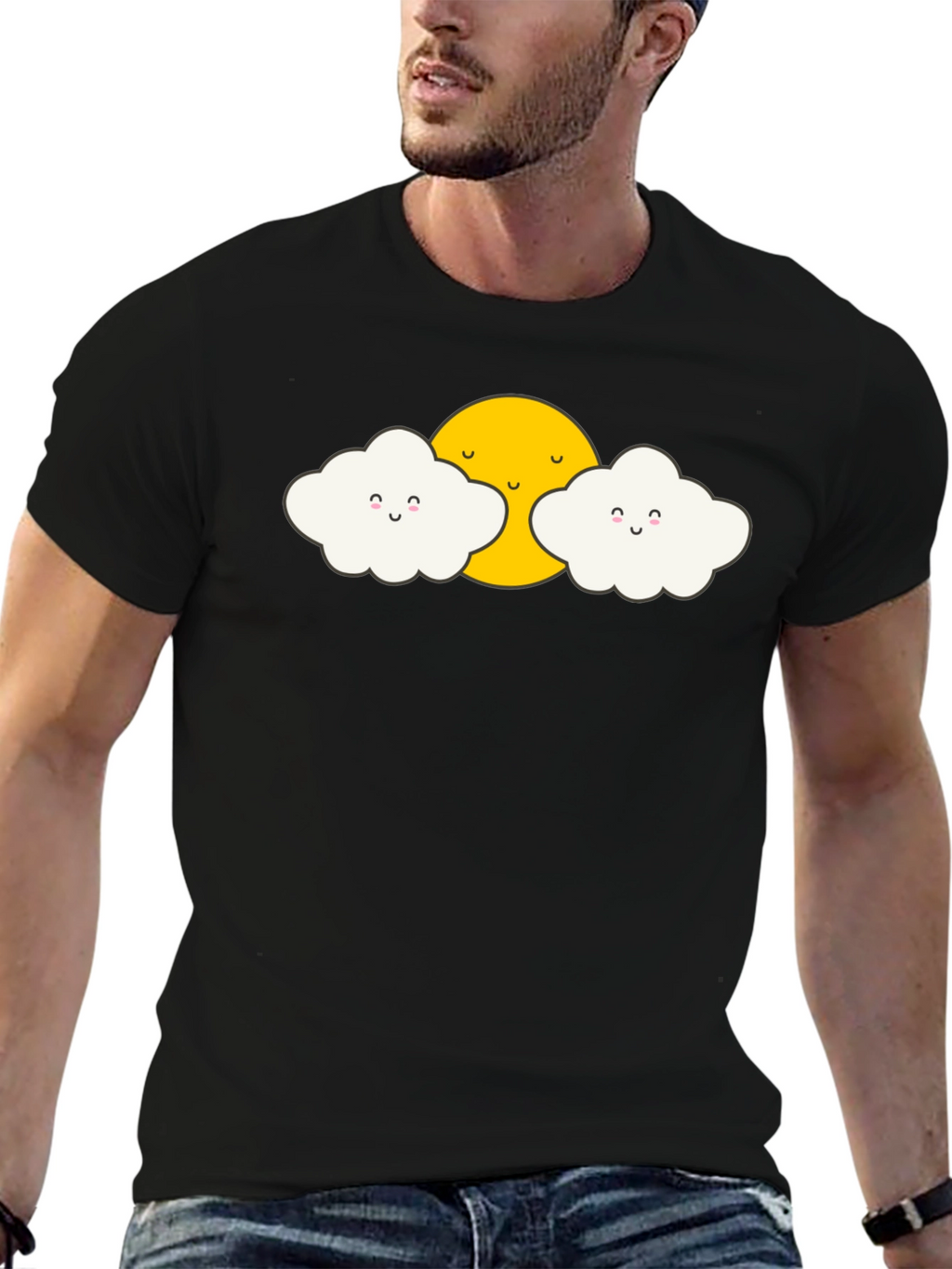 Cute Sun and Clouds Graphic Black T-Shirt