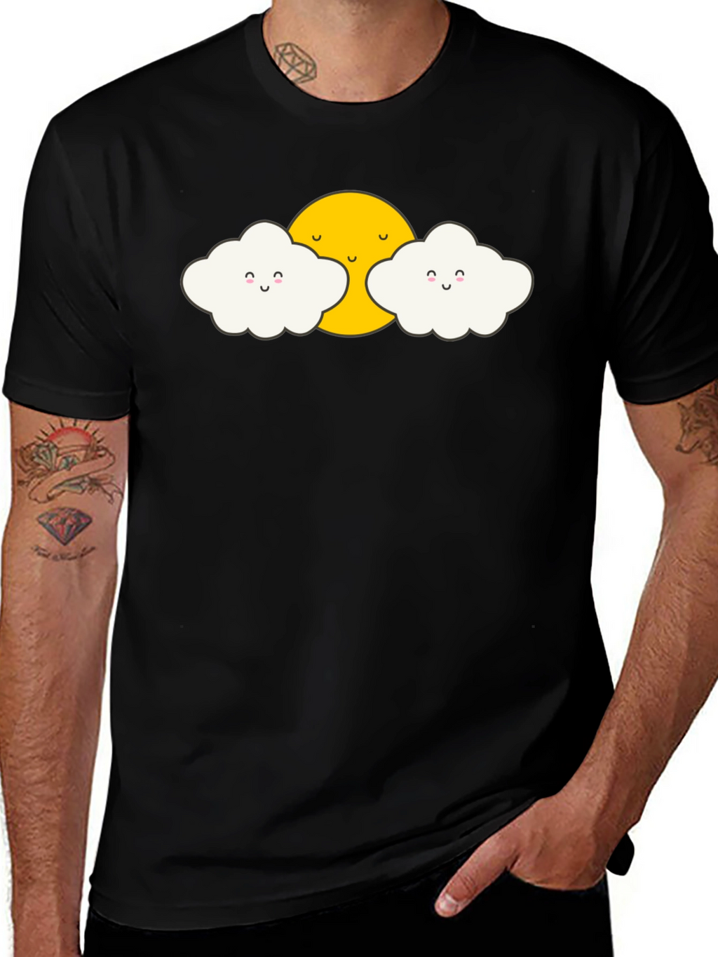 Cute Sun and Clouds Graphic Black T-Shirt
