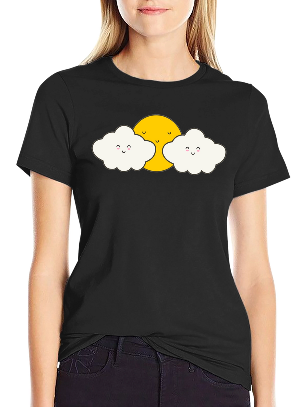Cute Sun and Clouds Graphic Black T-Shirt