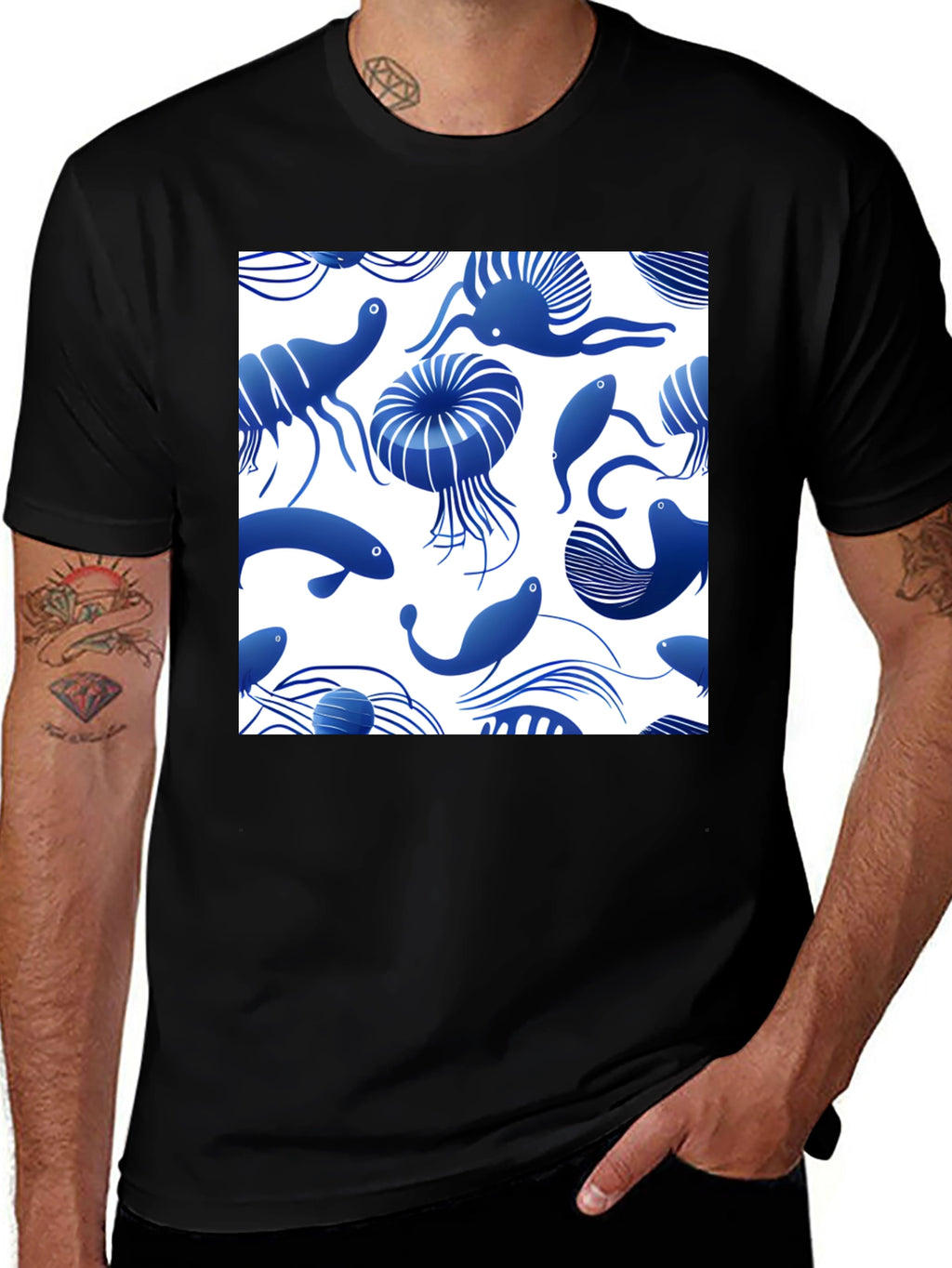 Blue Ocean Life Print Black T-Shirt