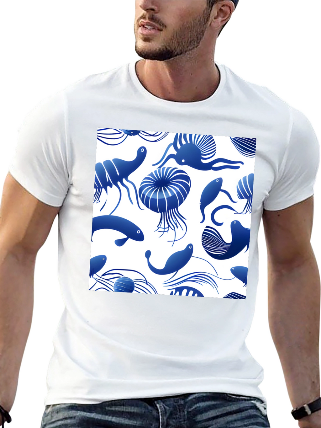 Blue Ocean Life Print Black T-Shirt