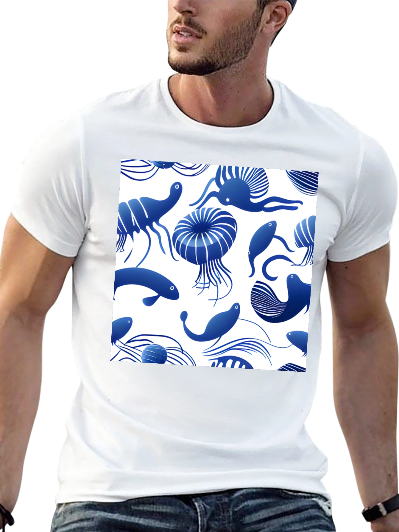 Blue Ocean Life Print Black T-Shirt