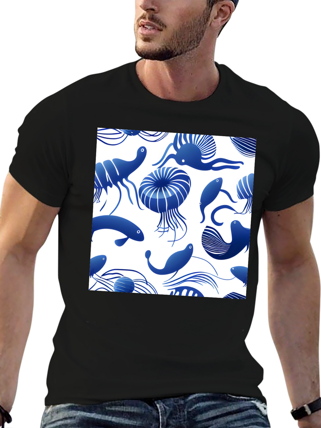 Blue Ocean Life Print Black T-Shirt