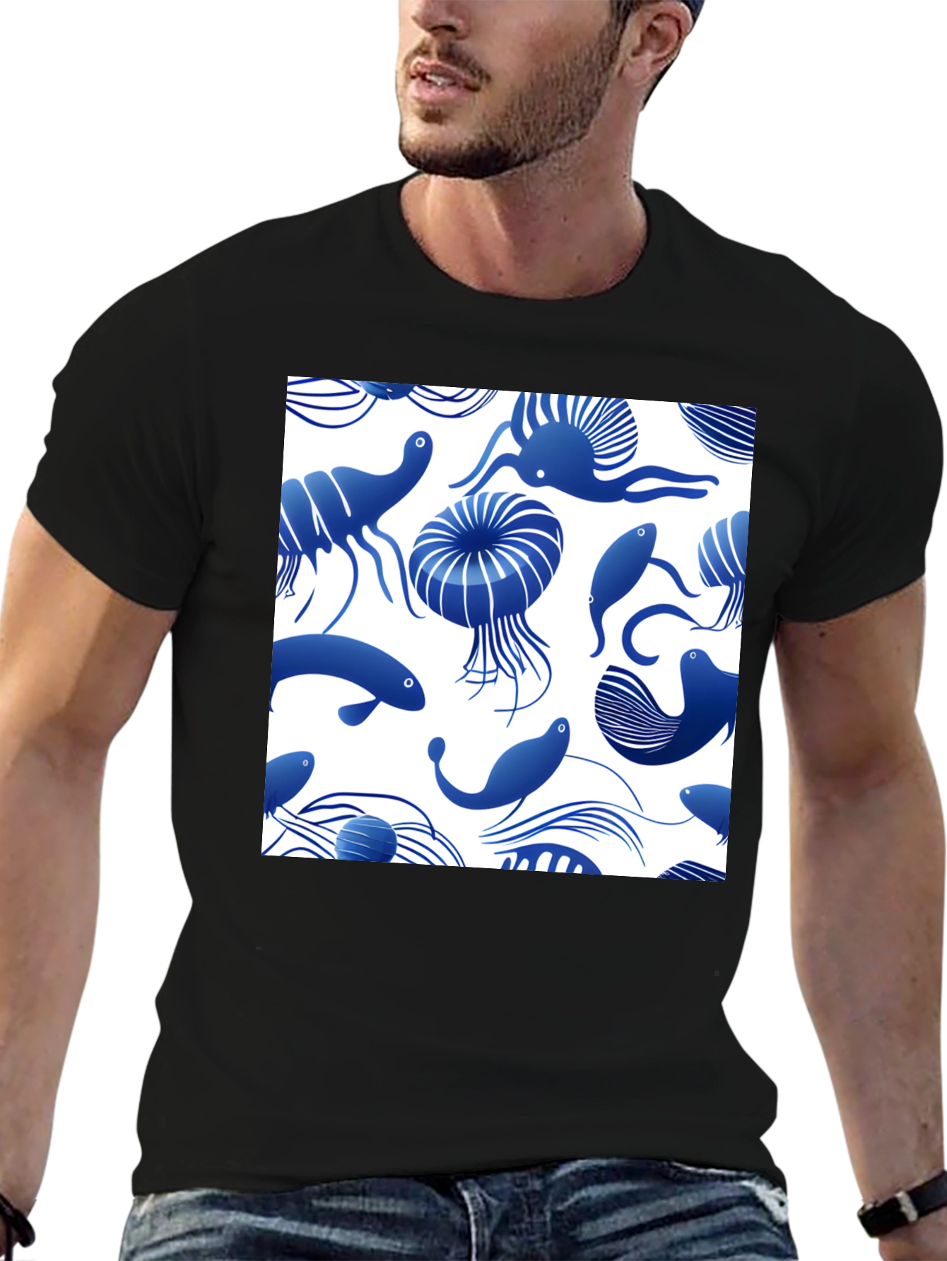 Blue Ocean Life Print Black T-Shirt