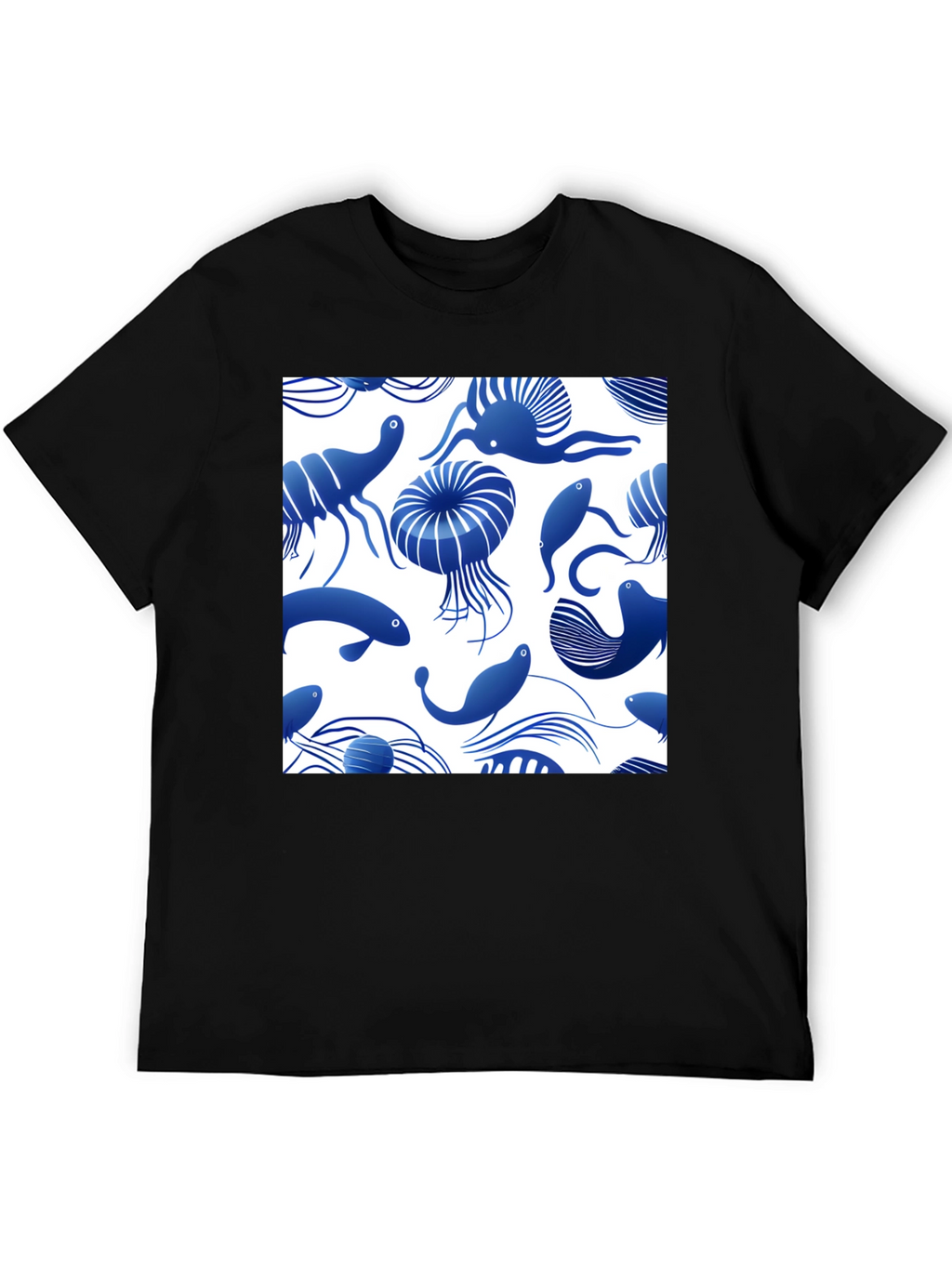 Blue Ocean Life Print Black T-Shirt