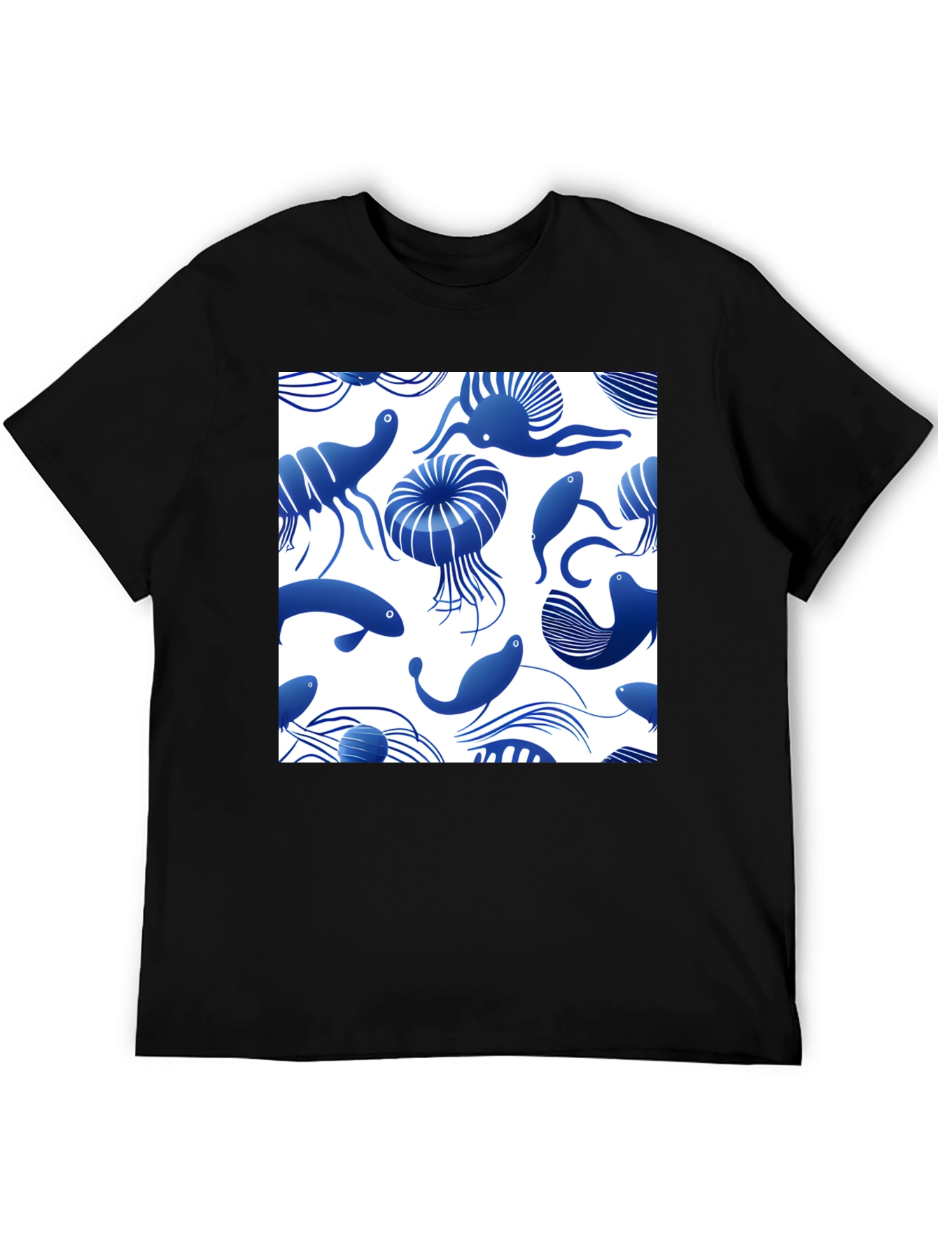Blue Ocean Life Print Black T-Shirt