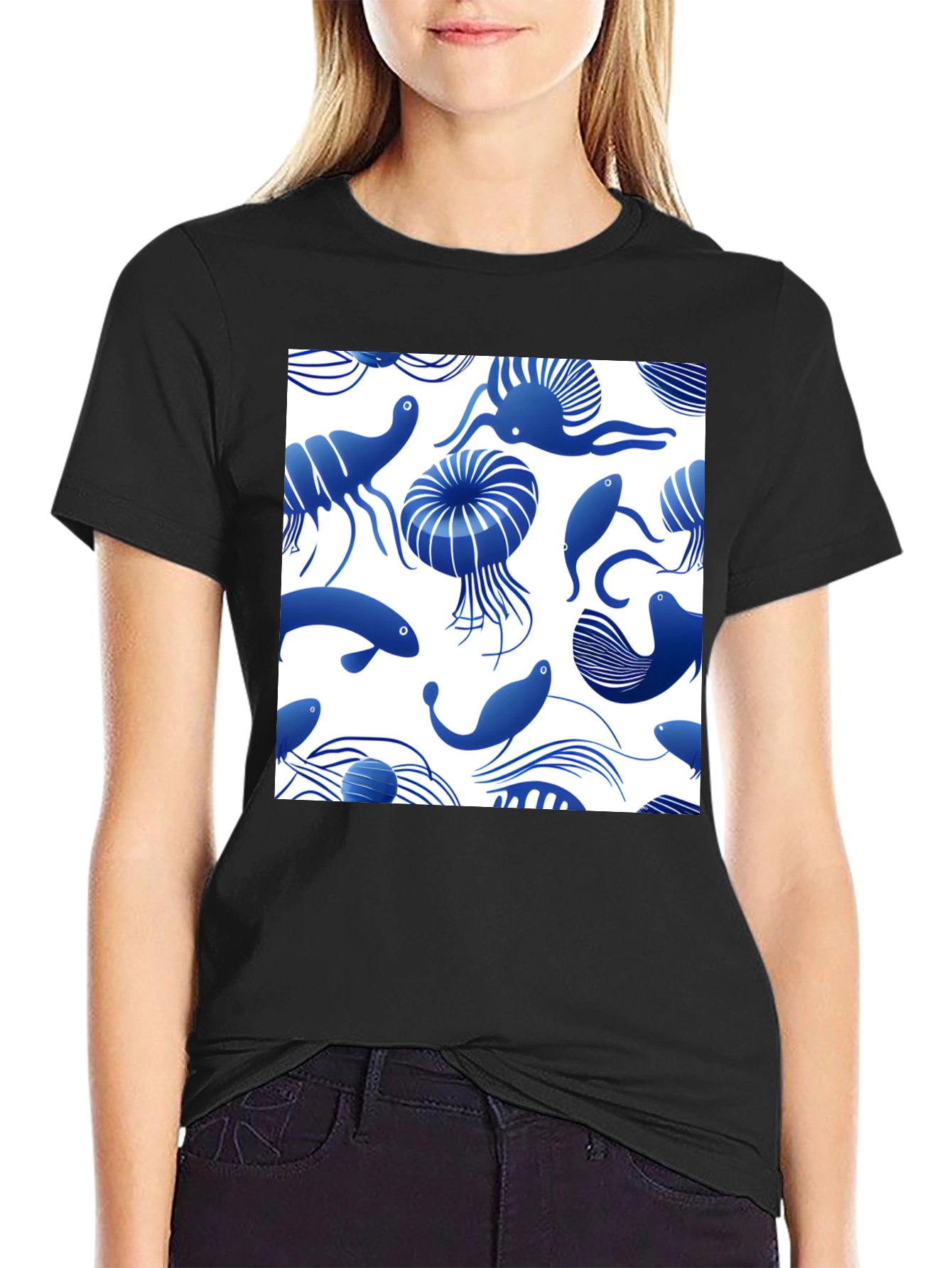 Blue Ocean Life Print Black T-Shirt