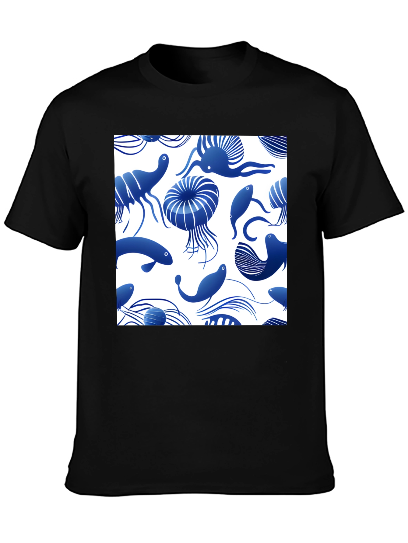 Blue Ocean Life Print Black T-Shirt