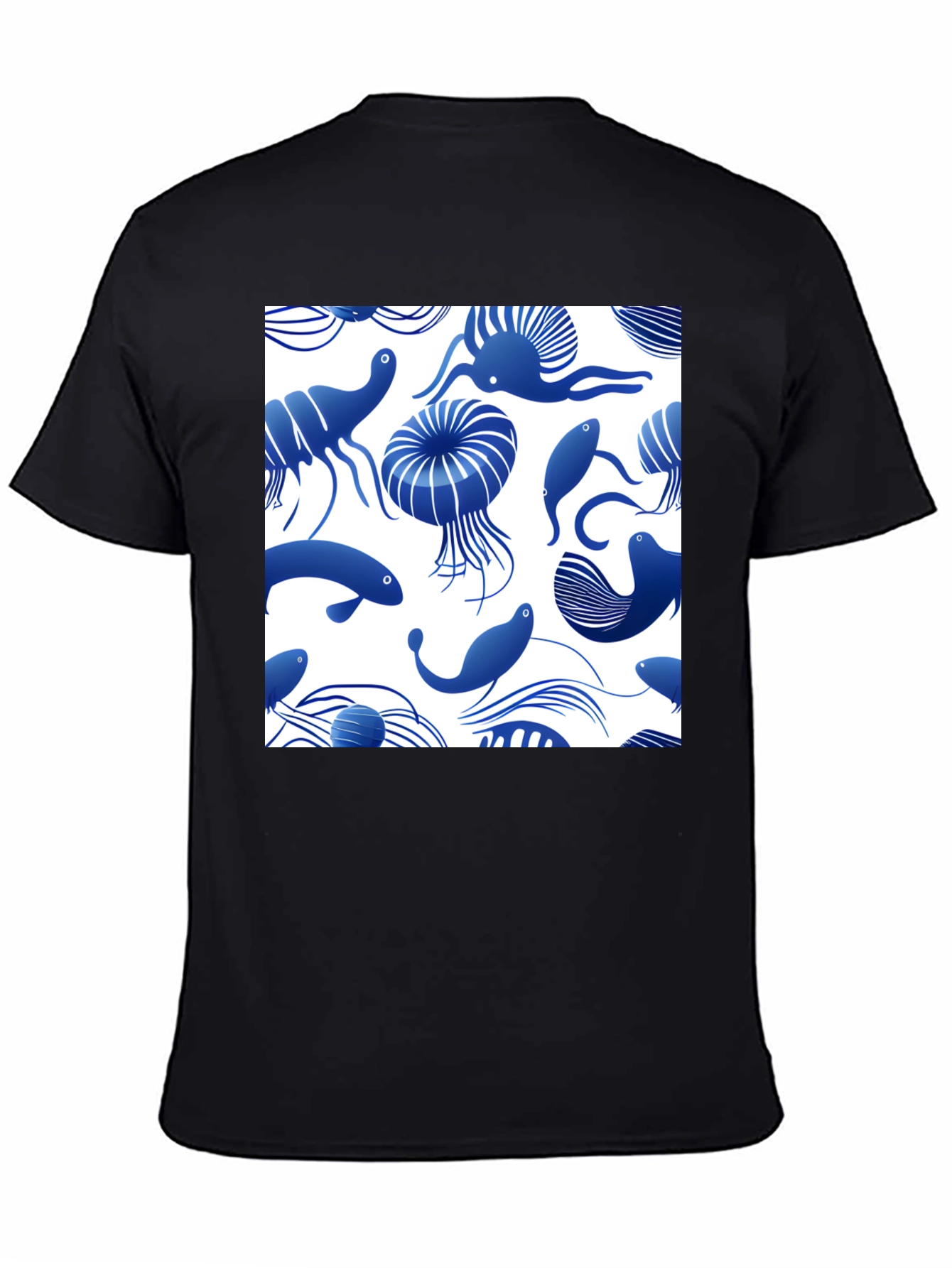 Blue Ocean Life Print Black T-Shirt