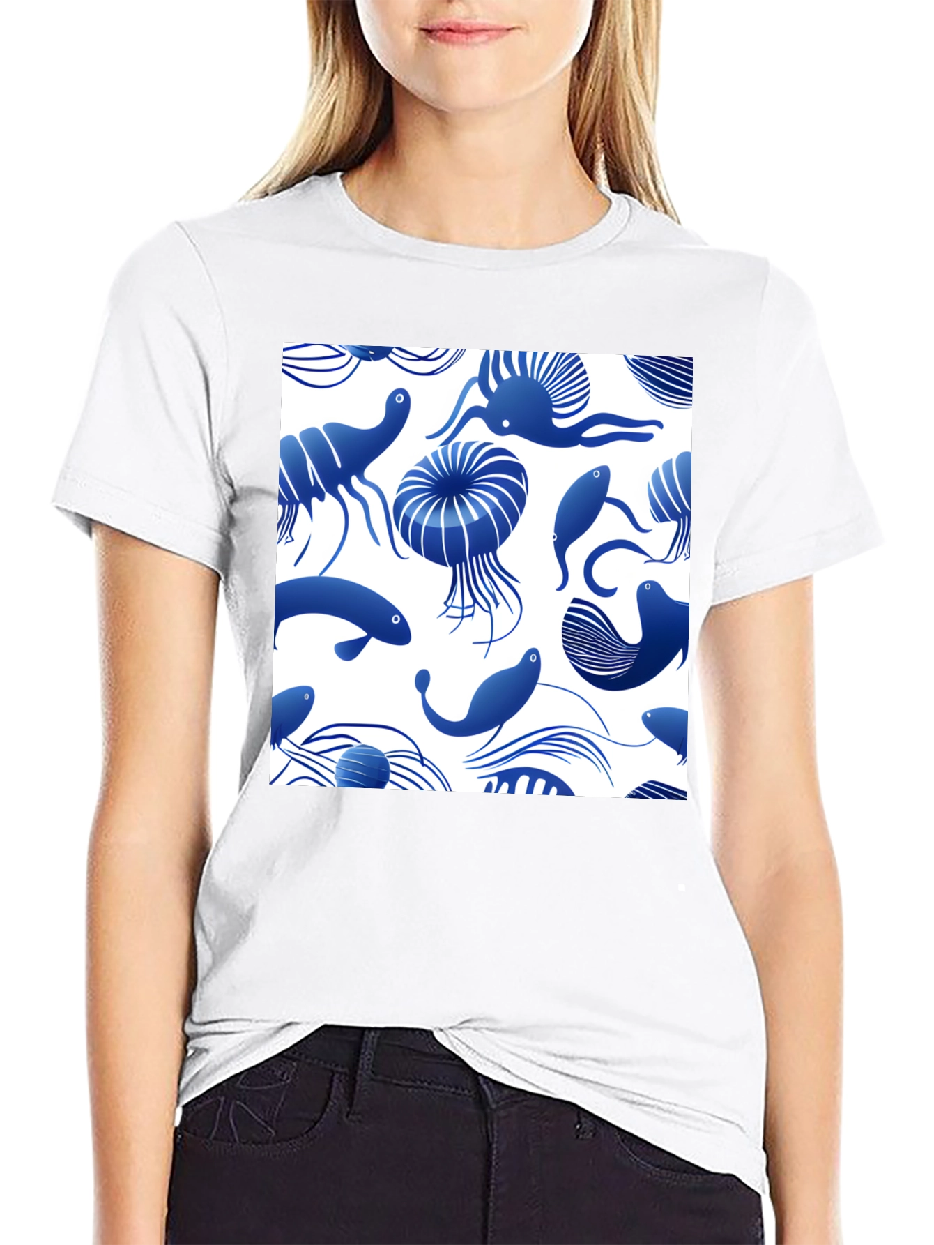 Blue Ocean Life Print Black T-Shirt