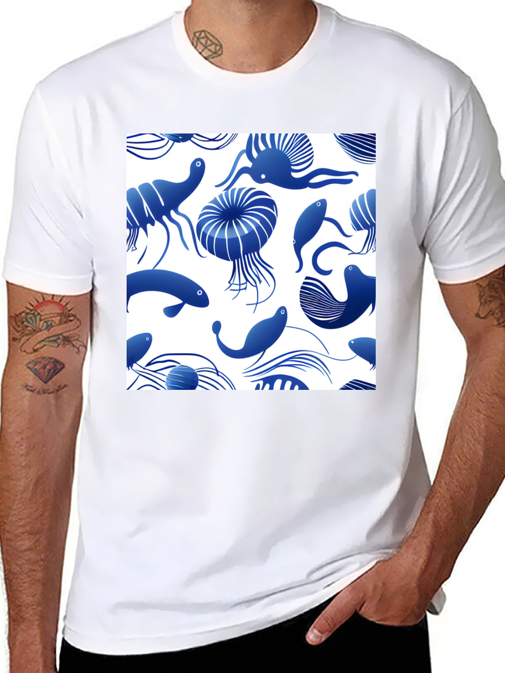 Blue Ocean Life Print Black T-Shirt