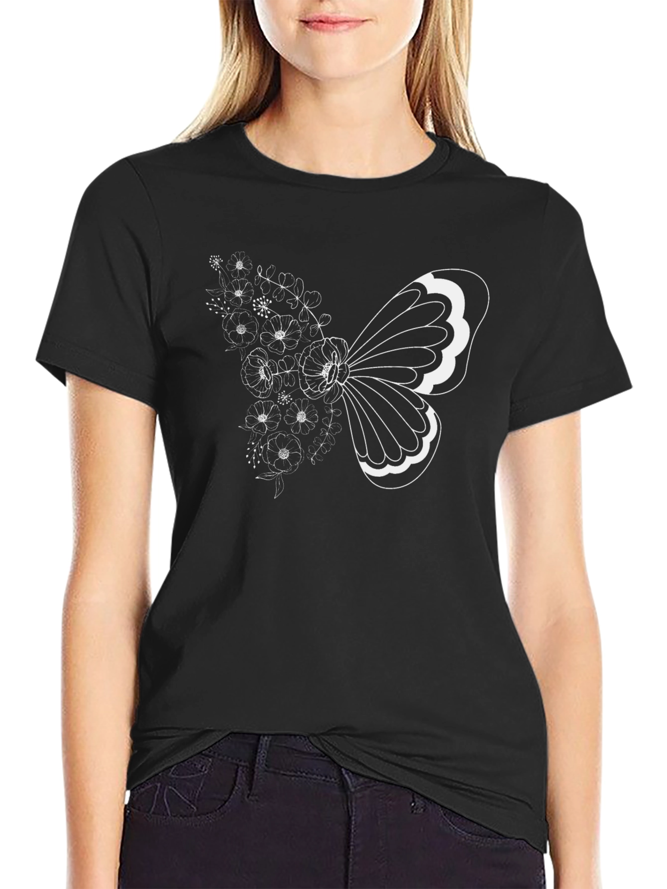 Floral Butterfly Graphic Tee - Black Cotton T-Shirt