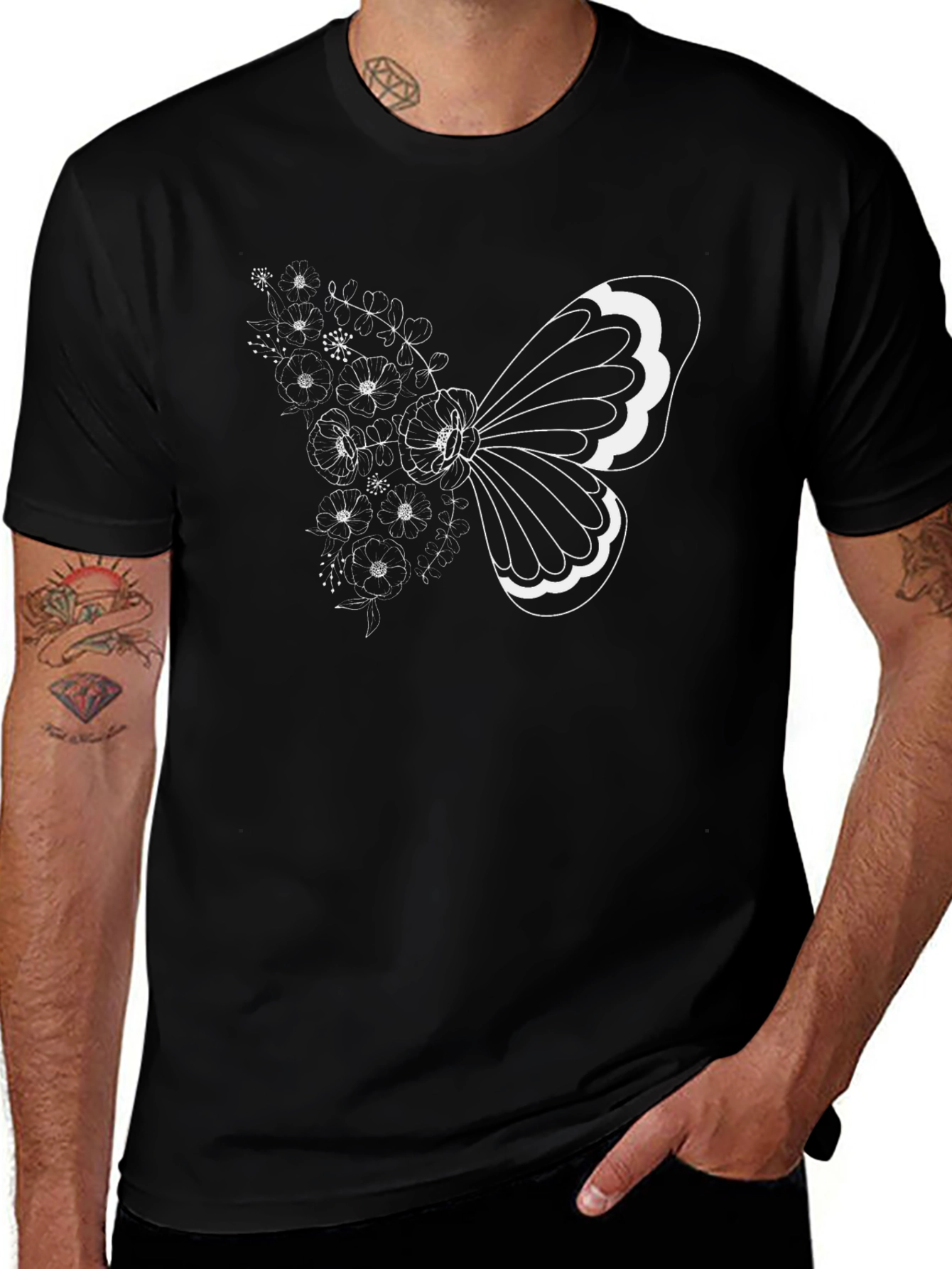 Floral Butterfly Graphic Tee - Black Cotton T-Shirt
