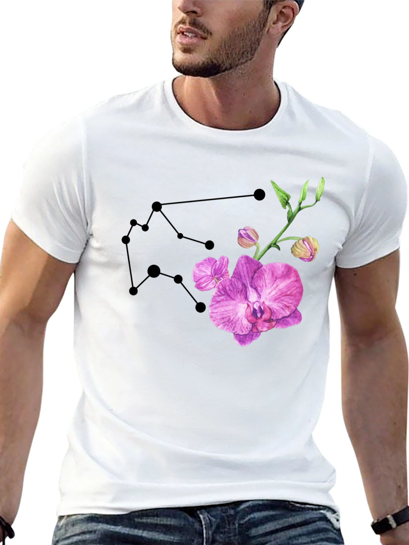 Aquarius Constellation & Orchid Black T-Shirt