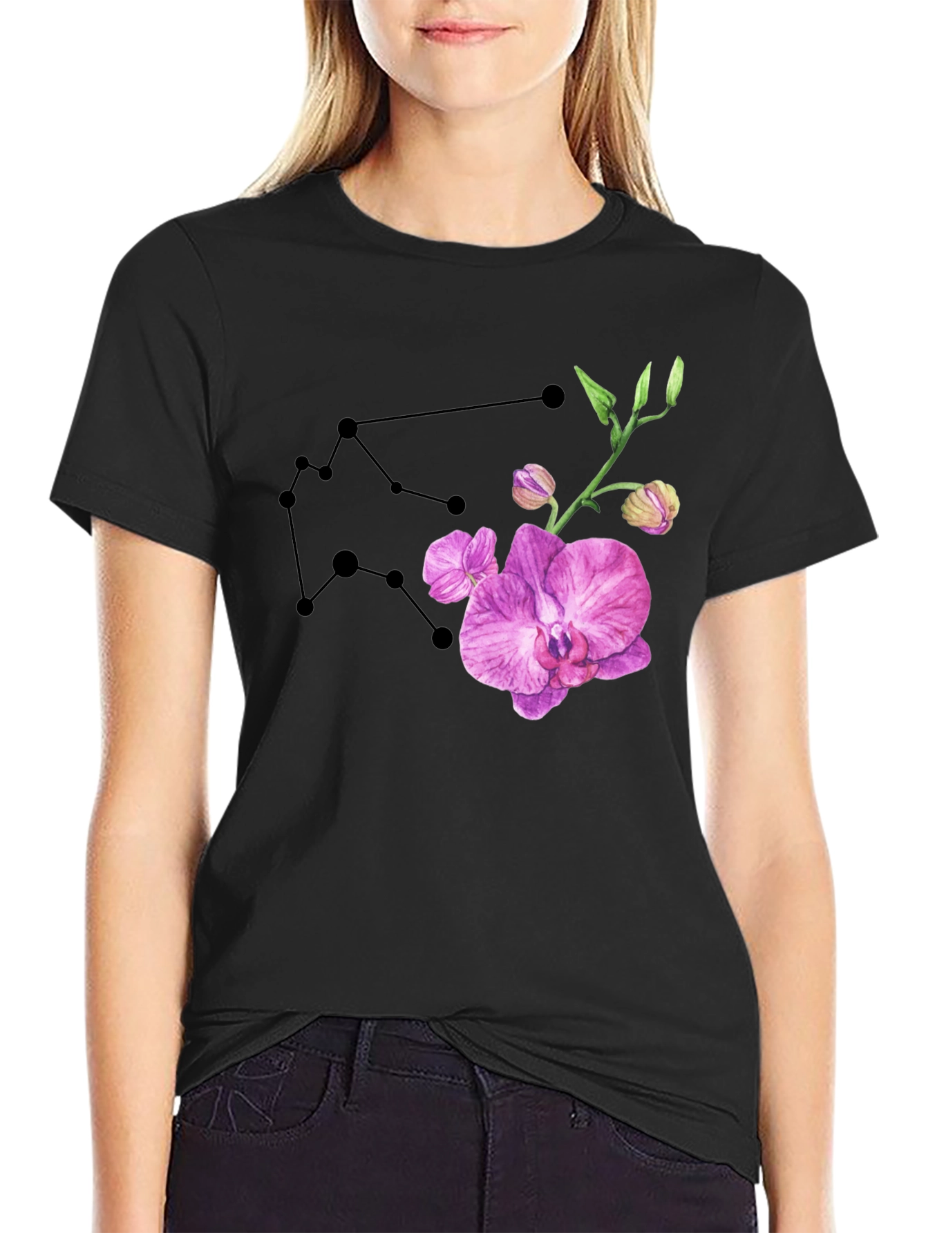Aquarius Constellation & Orchid Black T-Shirt