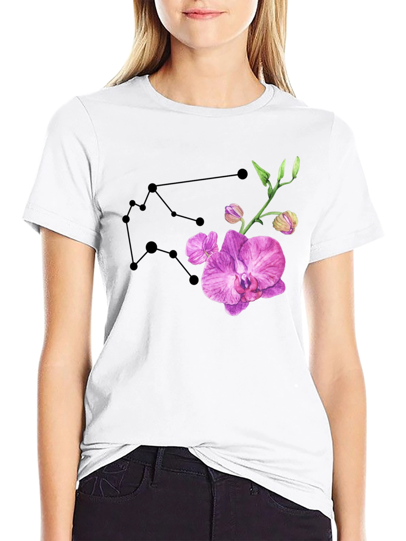 Aquarius Constellation & Orchid Black T-Shirt