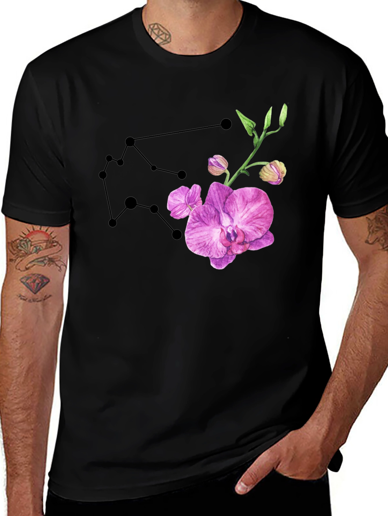 Aquarius Constellation & Orchid Black T-Shirt