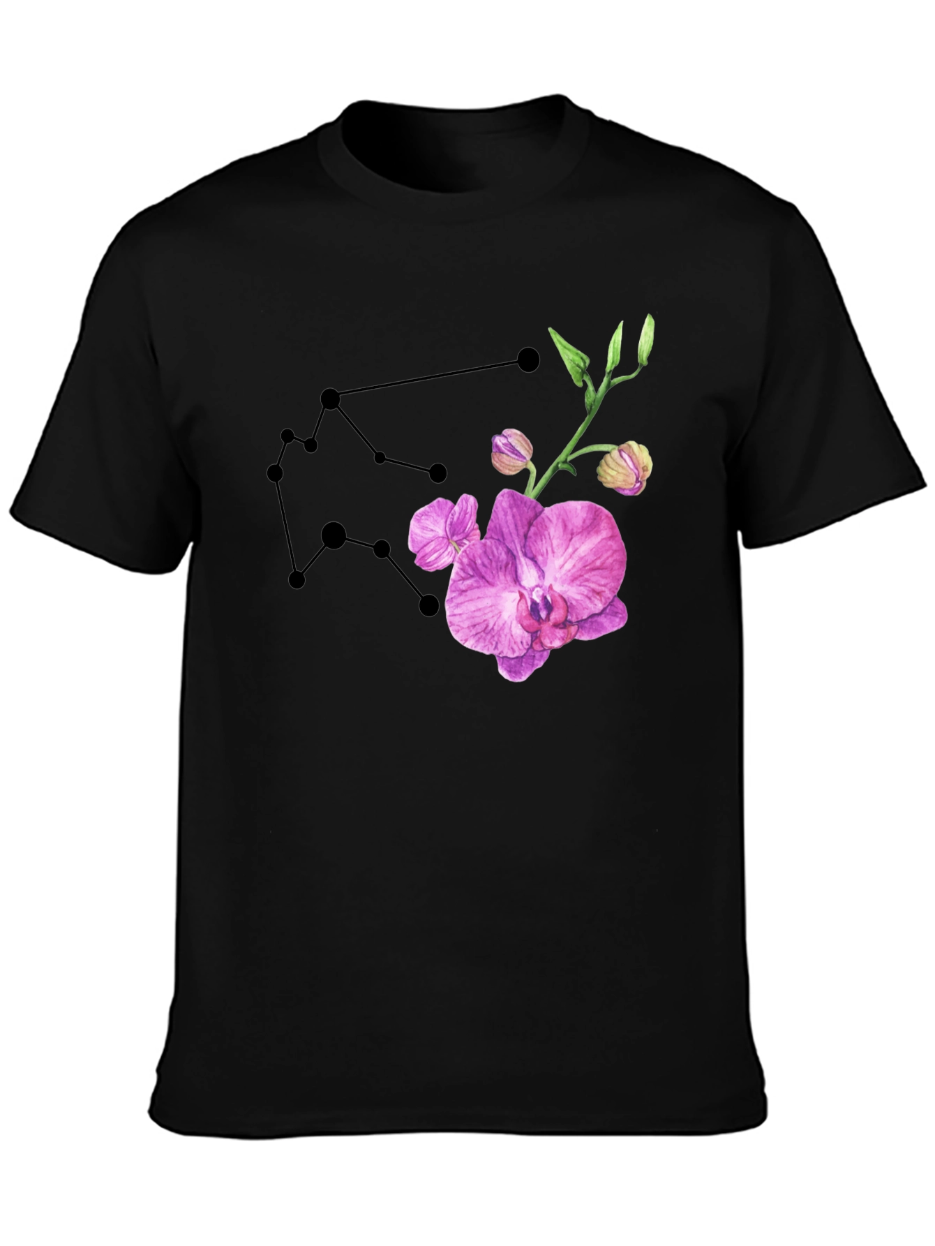Aquarius Constellation & Orchid Black T-Shirt